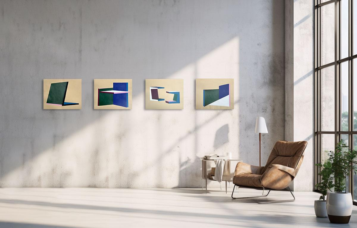 „Brutalistische Würfel“, Gemälde auf Papier, Möbeldesign, Roh Gouache, minimalistisch (Beige), Abstract Painting, von Amanda Andersen