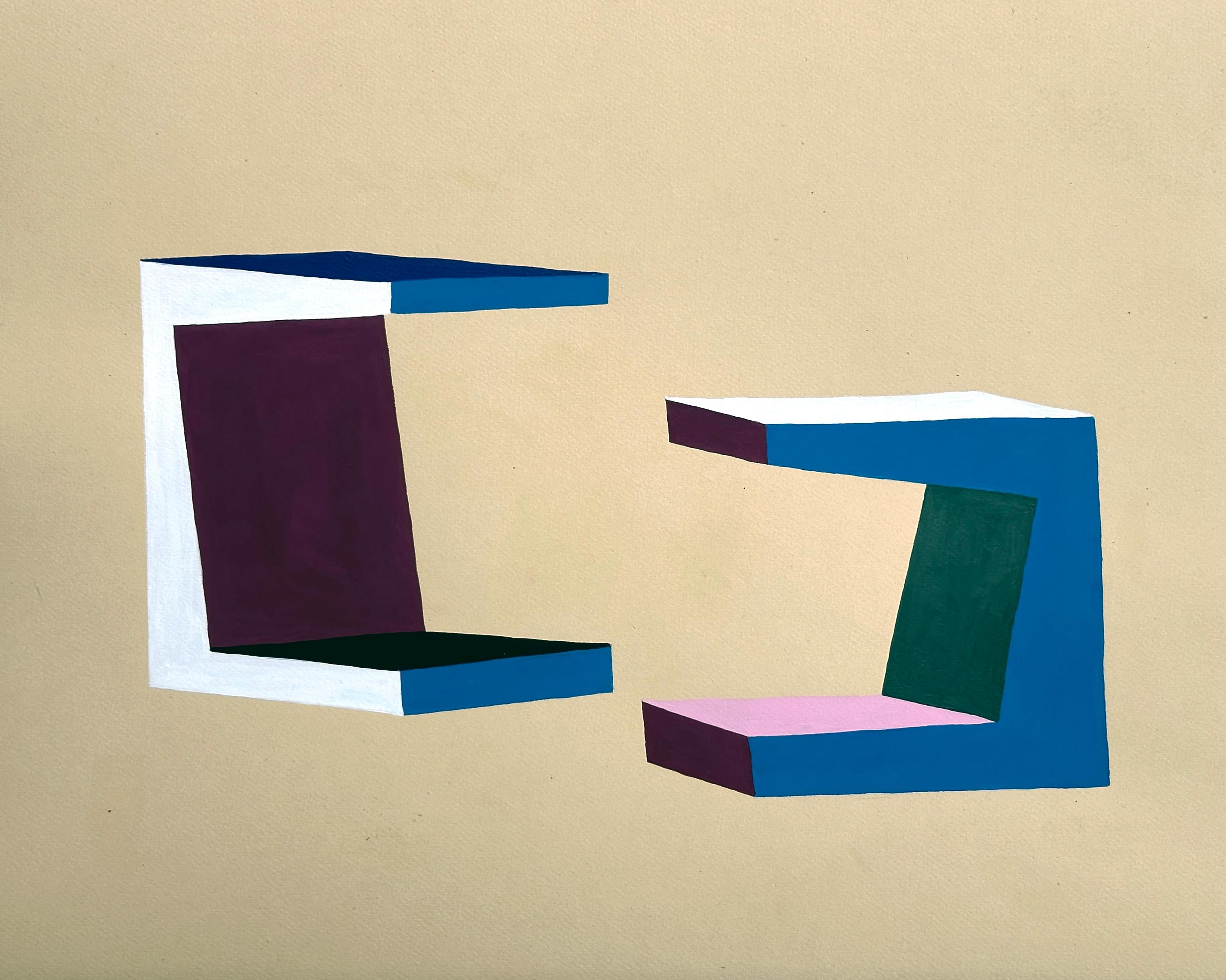 Amanda Andersen Abstract Painting – „Brutalistische Würfel“, Gemälde auf Papier, Möbeldesign, Roh Gouache, minimalistisch