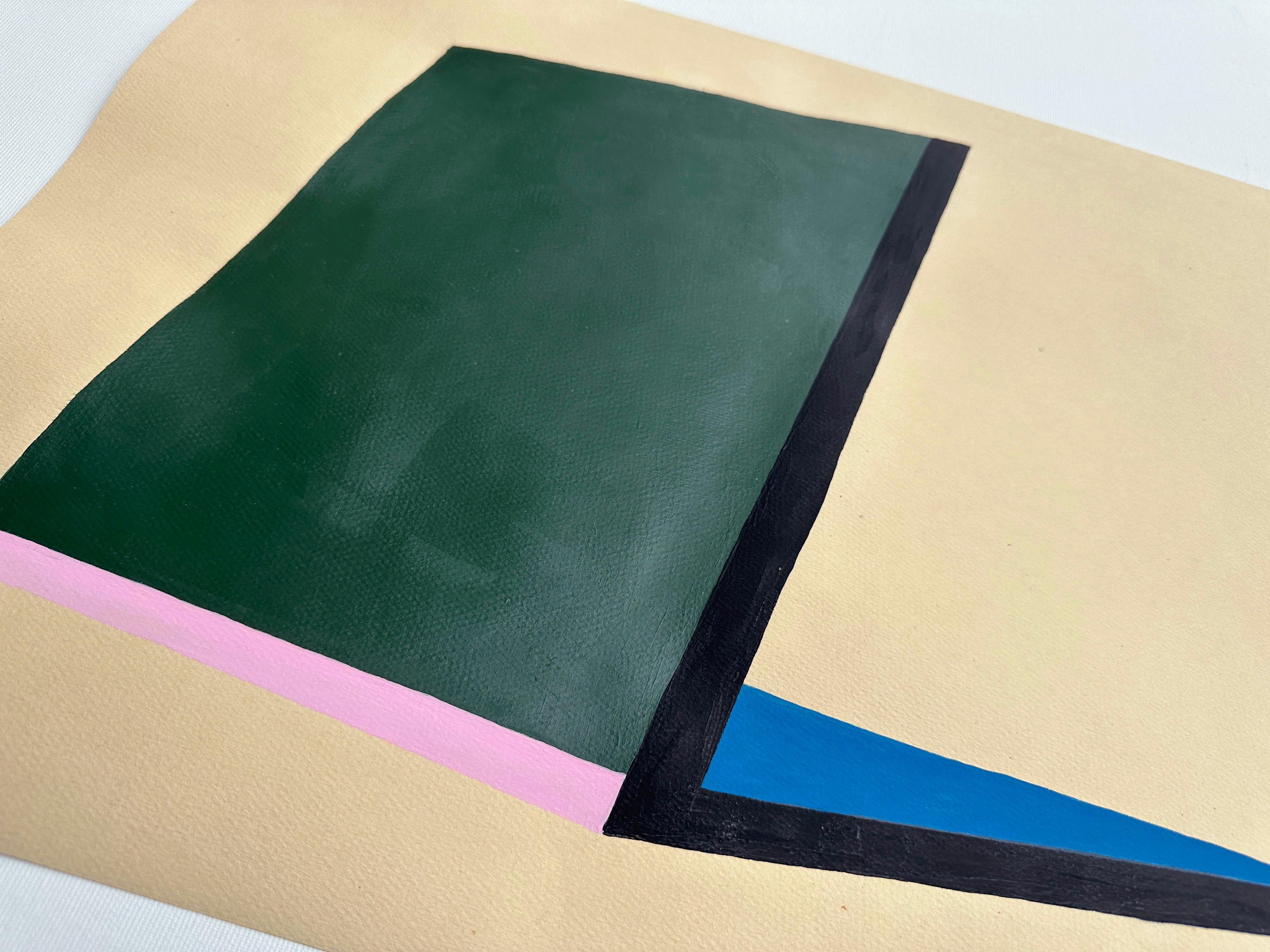 „Brutalistisches grünes Tablett“, Gemälde auf Papier, Design, Roh Gouache, minimalistisches hellbraunes Nussbaumholz im Angebot 1