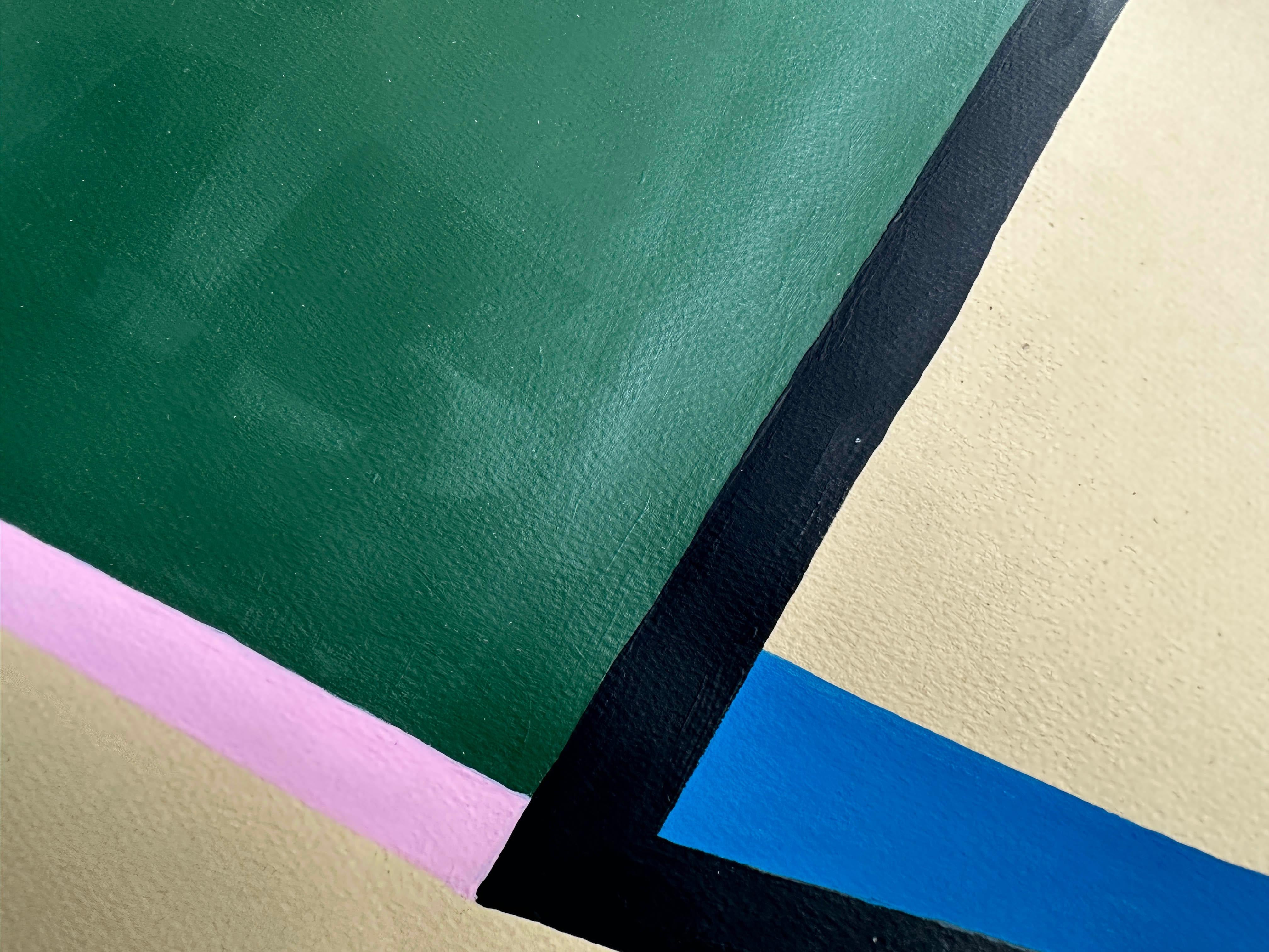 „Brutalistisches grünes Tablett“, Gemälde auf Papier, Design, Roh Gouache, minimalistisches hellbraunes Nussbaumholz im Angebot 3