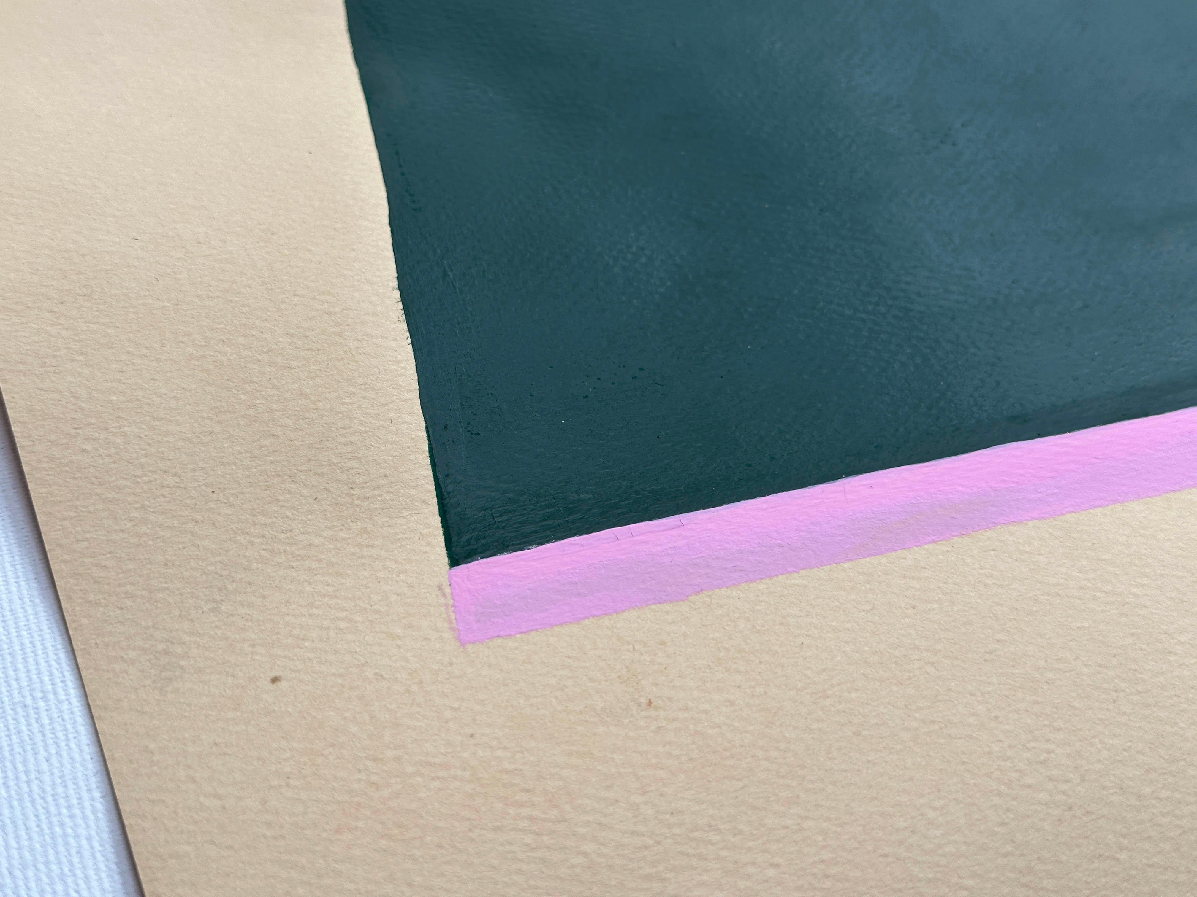 „Brutalistisches grünes Tablett“, Gemälde auf Papier, Design, Roh Gouache, minimalistisches hellbraunes Nussbaumholz im Angebot 4