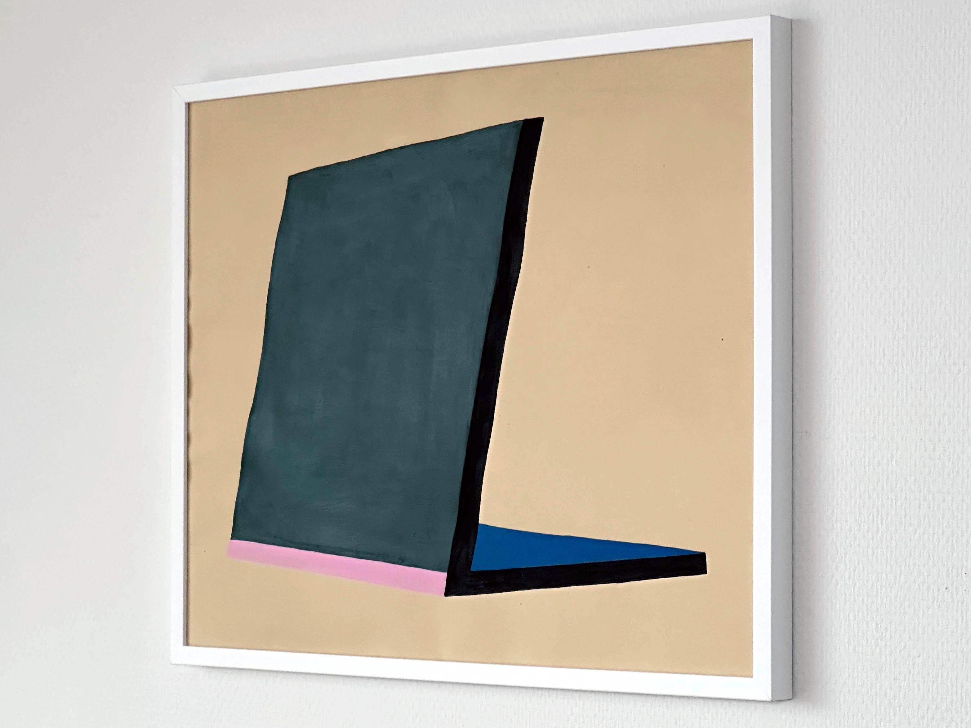 „Brutalistisches grünes Tablett“, Gemälde auf Papier, Design, Roh Gouache, minimalistisches hellbraunes Nussbaumholz im Angebot 5