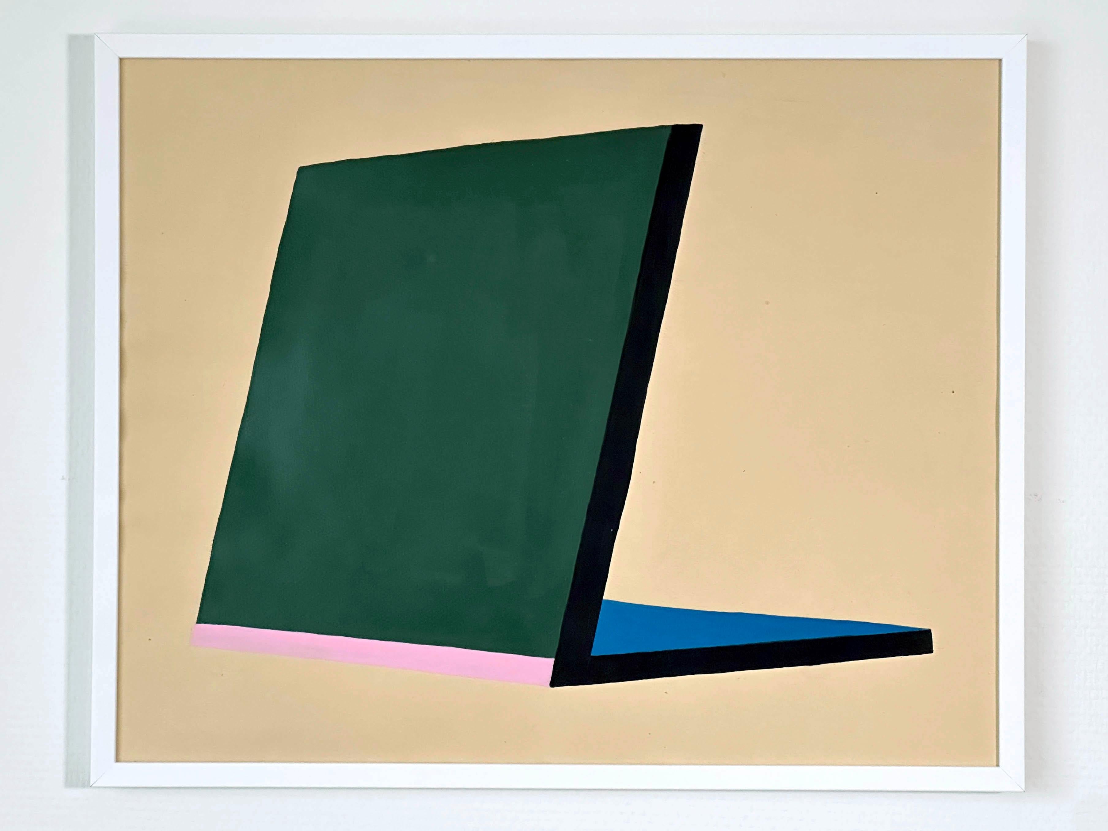 „Brutalistisches grünes Tablett“, Gemälde auf Papier, Design, Roh Gouache, minimalistisches hellbraunes Nussbaumholz (Zeitgenössisch), Painting, von Amanda Andersen