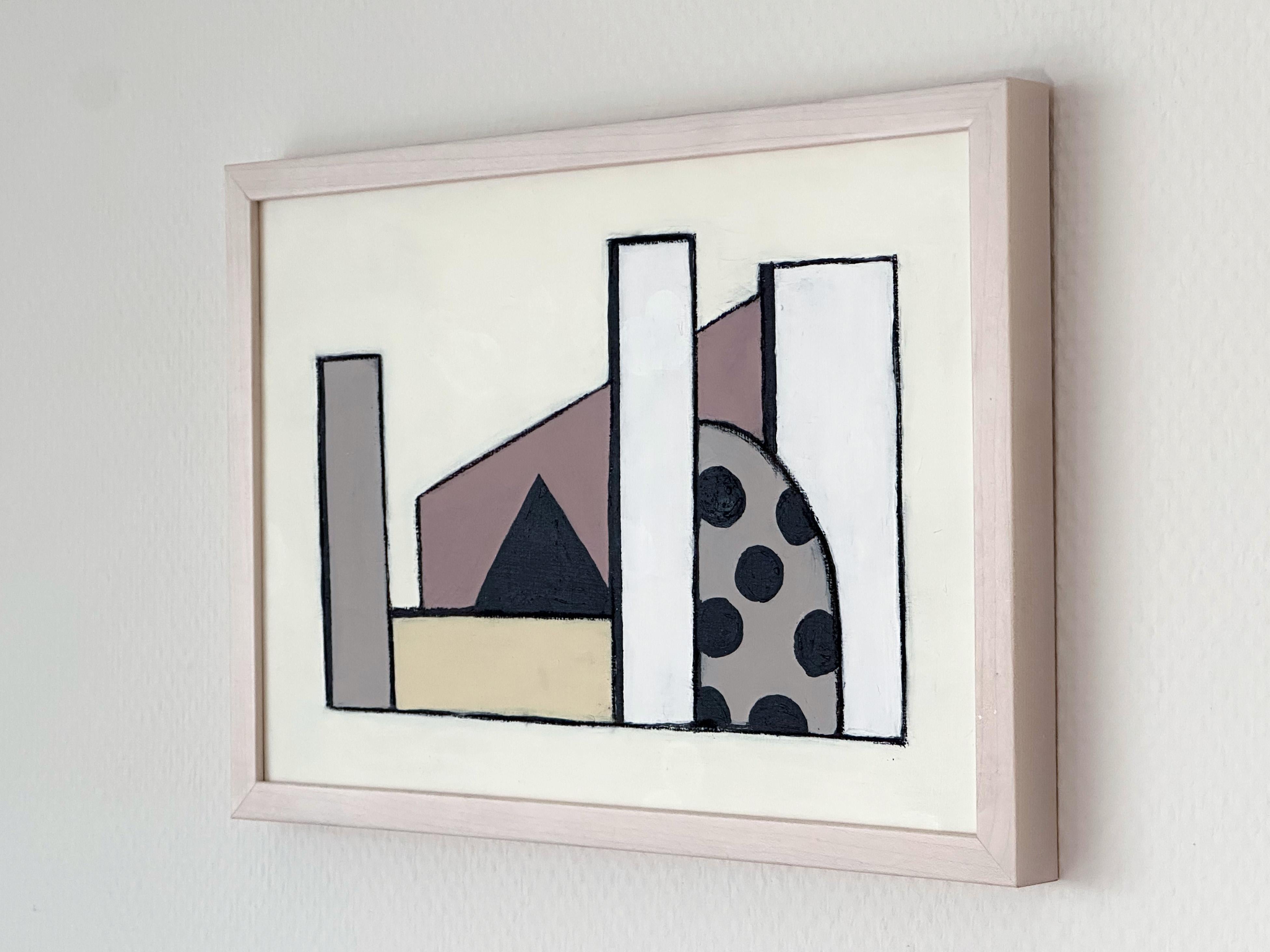 One in a series of three small works created in 2021 with acrylic paint and charcoal on 270g archival quality paper.
This abstract urban landscape painting was inspired by brutalist architecture and fever dreams of a slow moving polka dotted blob. A