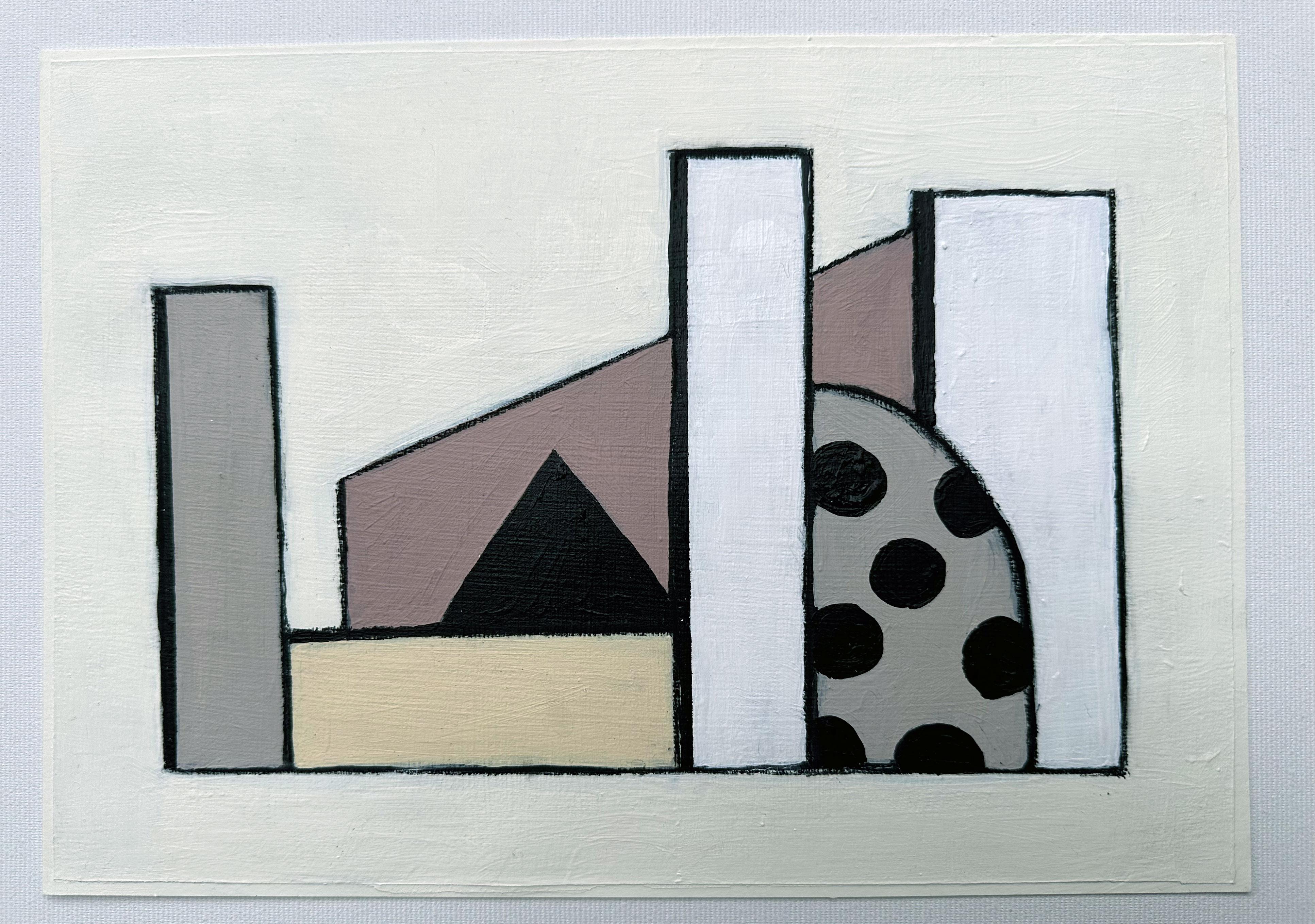 One in a series of three small works created in 2021 with acrylic paint and charcoal on 270g archival quality paper.
This abstract urban landscape painting was inspired by brutalist architecture and fever dreams of a slow moving polka dotted blob. A