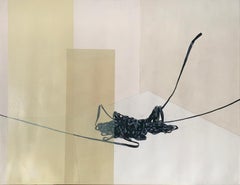 "Following I" peinture acrylique sur toile, lignes abstraites noires drapées nature morte.