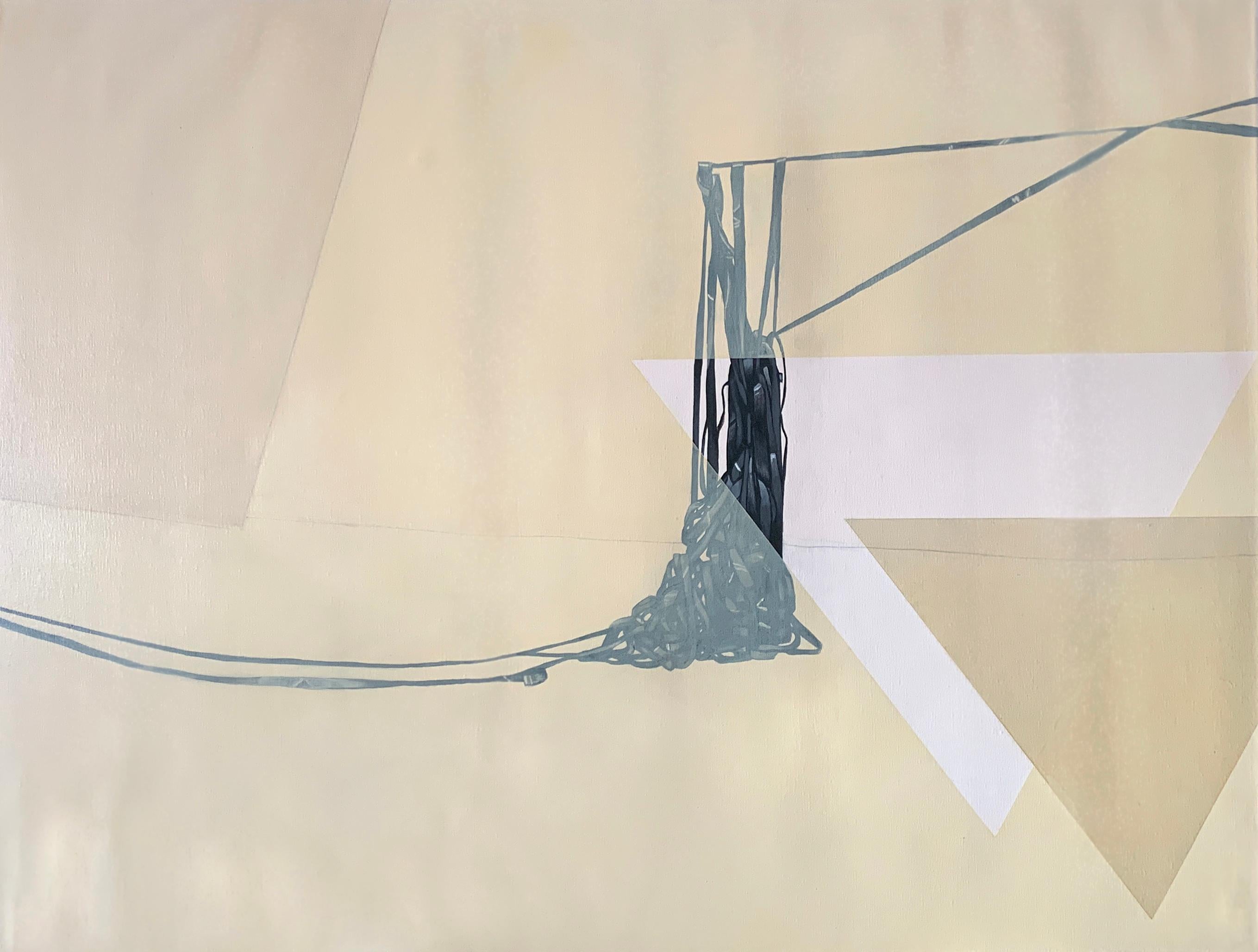 Abstract Painting Amanda Andersen - « Following II », peinture acrylique abstraite sur toile, lignes noires neutres, beige pâle