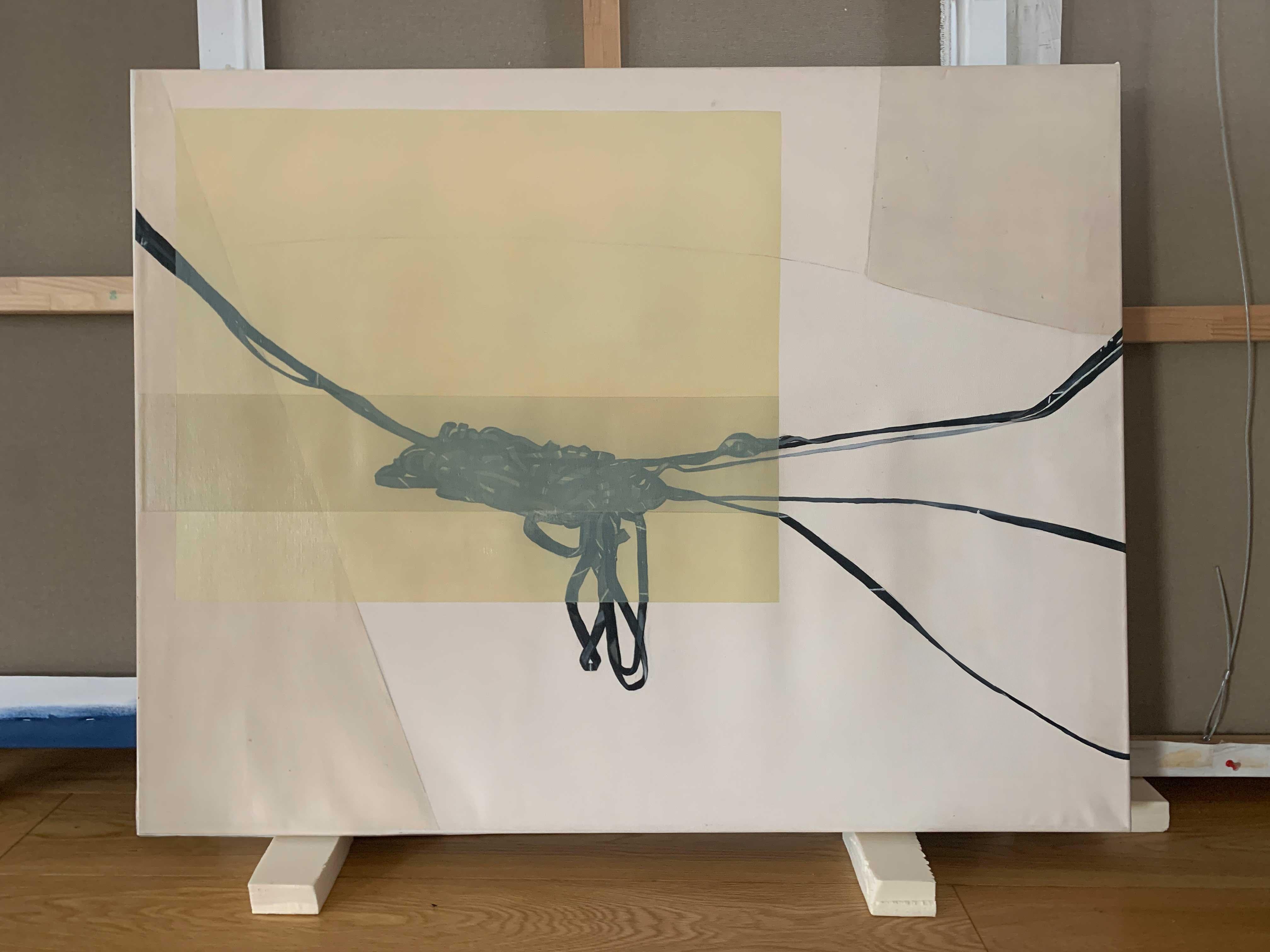 « Following III », peinture acrylique abstraite sur toile lignes noires neutres beige pâle - Painting de Amanda Andersen