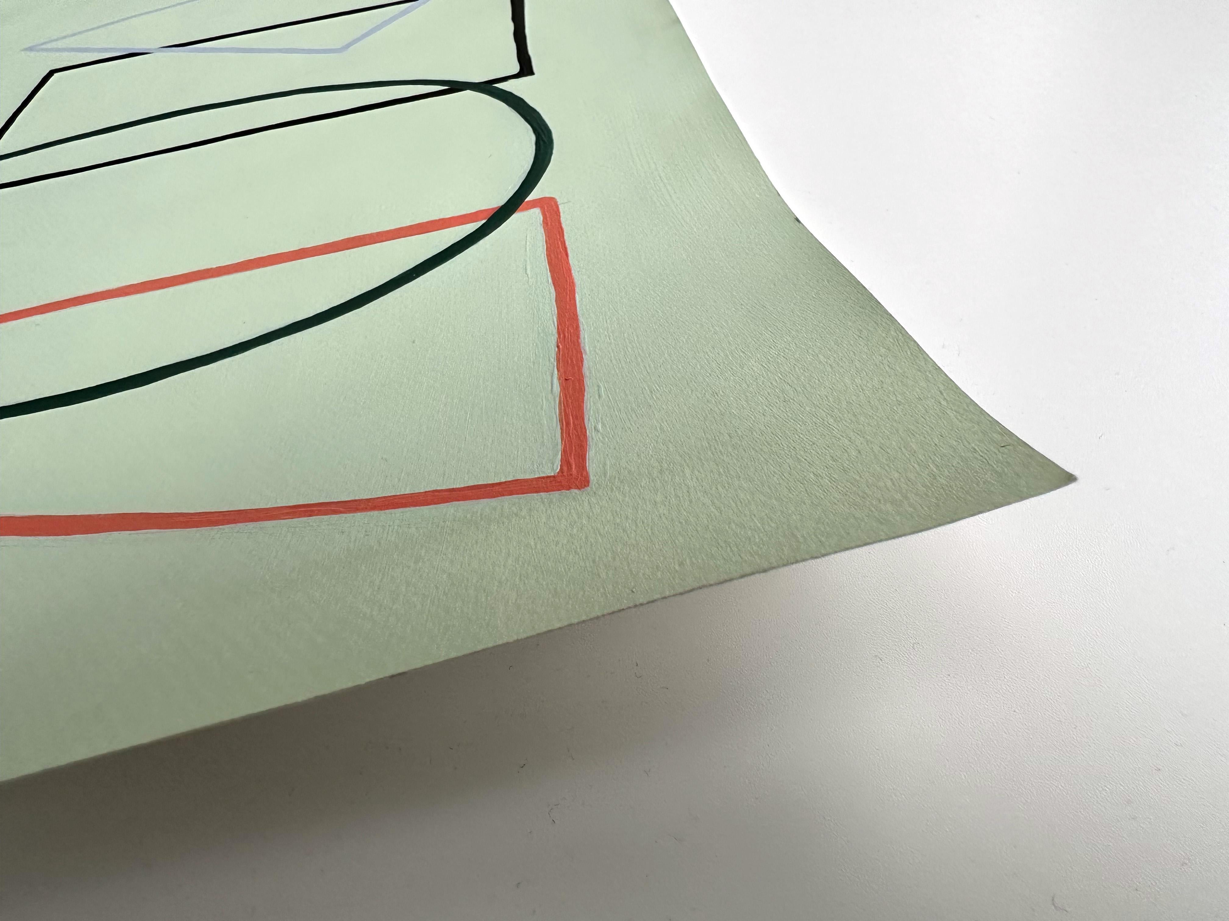 Peinture à l'acrylique - contours géométriques abstraits - Vert sauge menthe pastel clair en vente 2