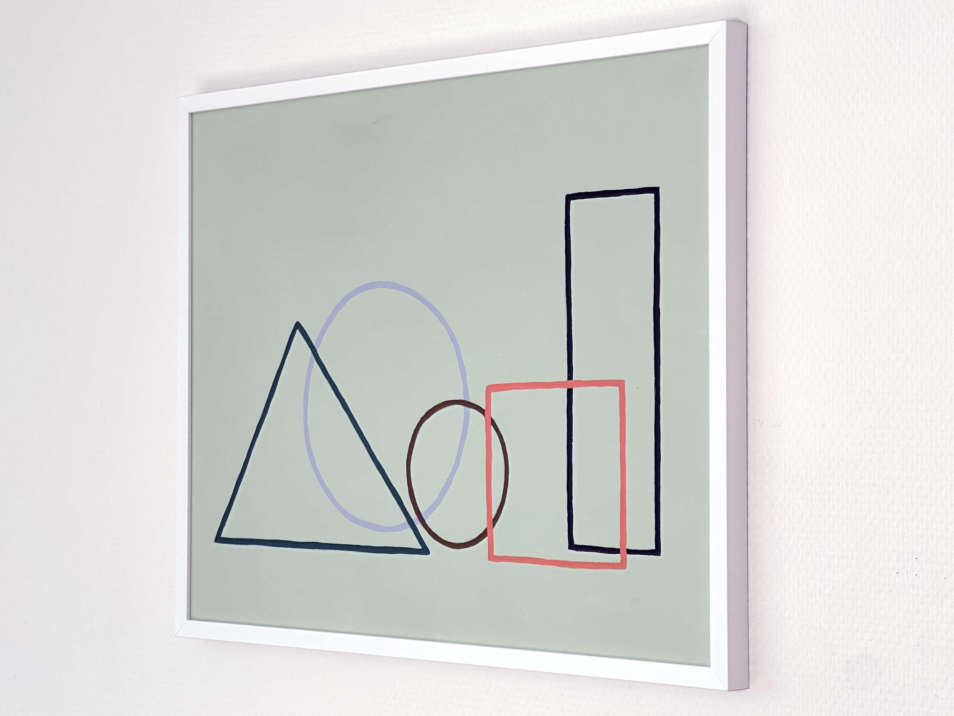 Geometrische Umrisse Acryl-Gemälde Papier Abstraktes Salbeigrün Mint Pastell Licht (Grau), Still-Life, von Amanda Andersen