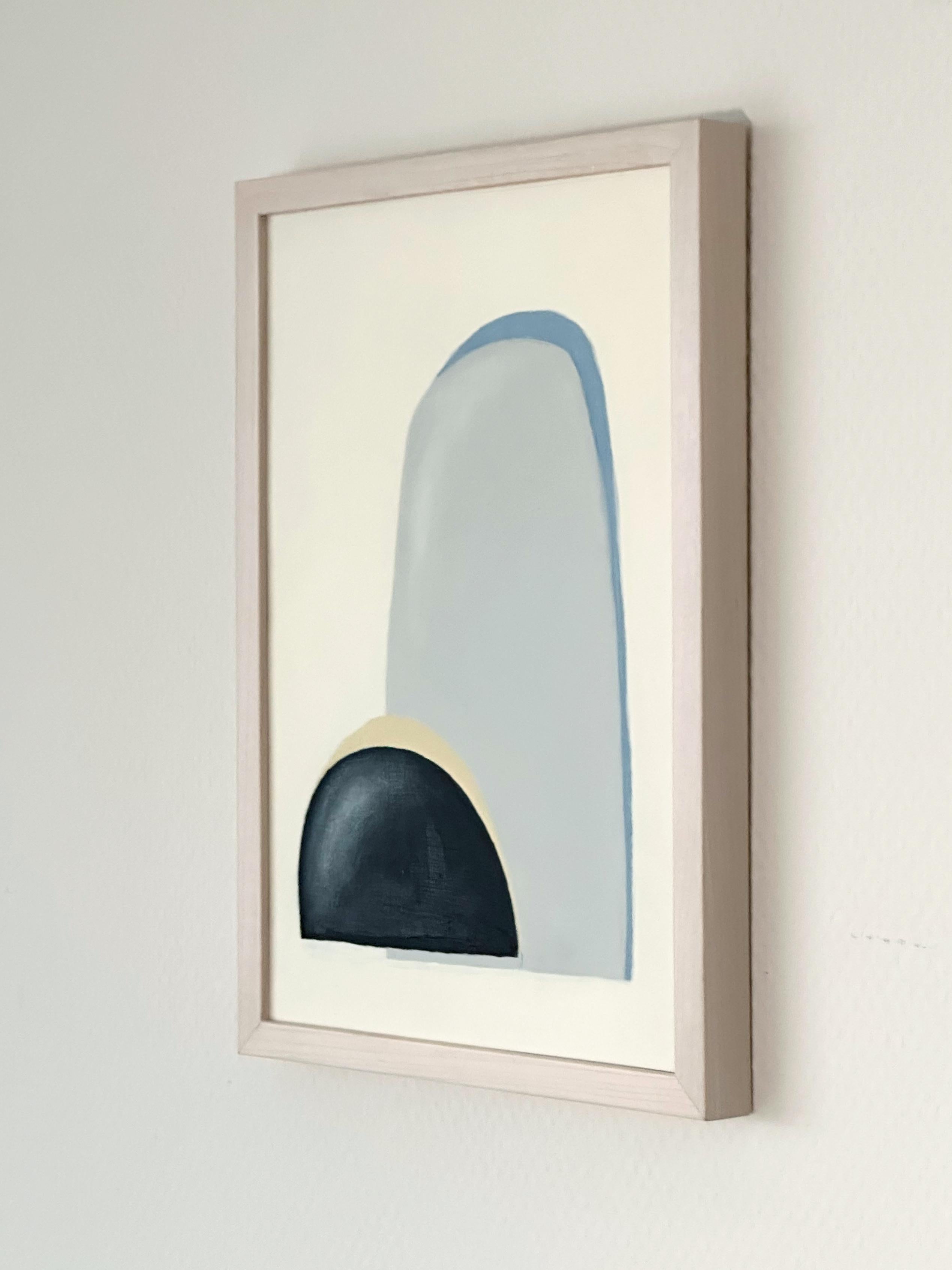 One in a series of small works on paper created in 2021 by Amanda Andersen.

This painting has a solid neutral cream background with simple asymmetric shapes in black and grey; each shape has a modest shadow of light blue and beige. The texture of