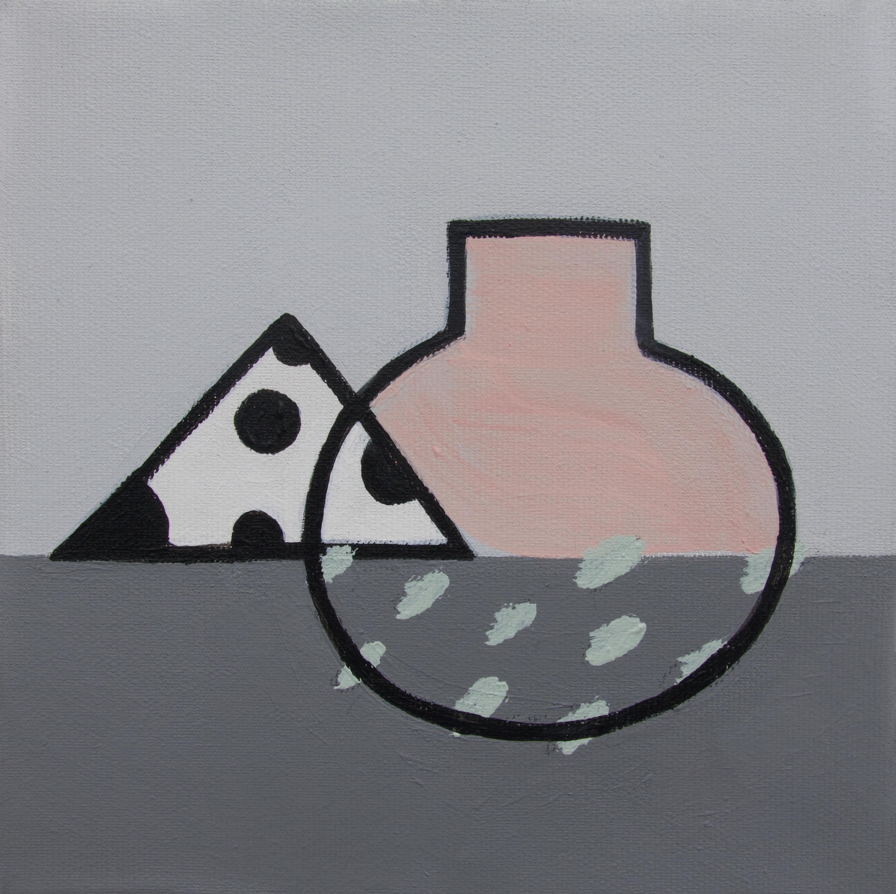"One Object with a Jar of Beans" Acrylic Painting pink grey outlines, polka dots