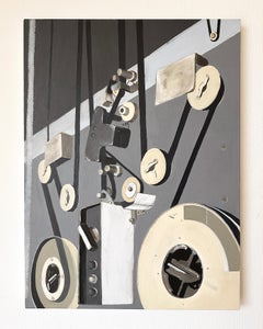 "Reels" acrylic on canvas Dark Academia retro tech reel to reel grey black white