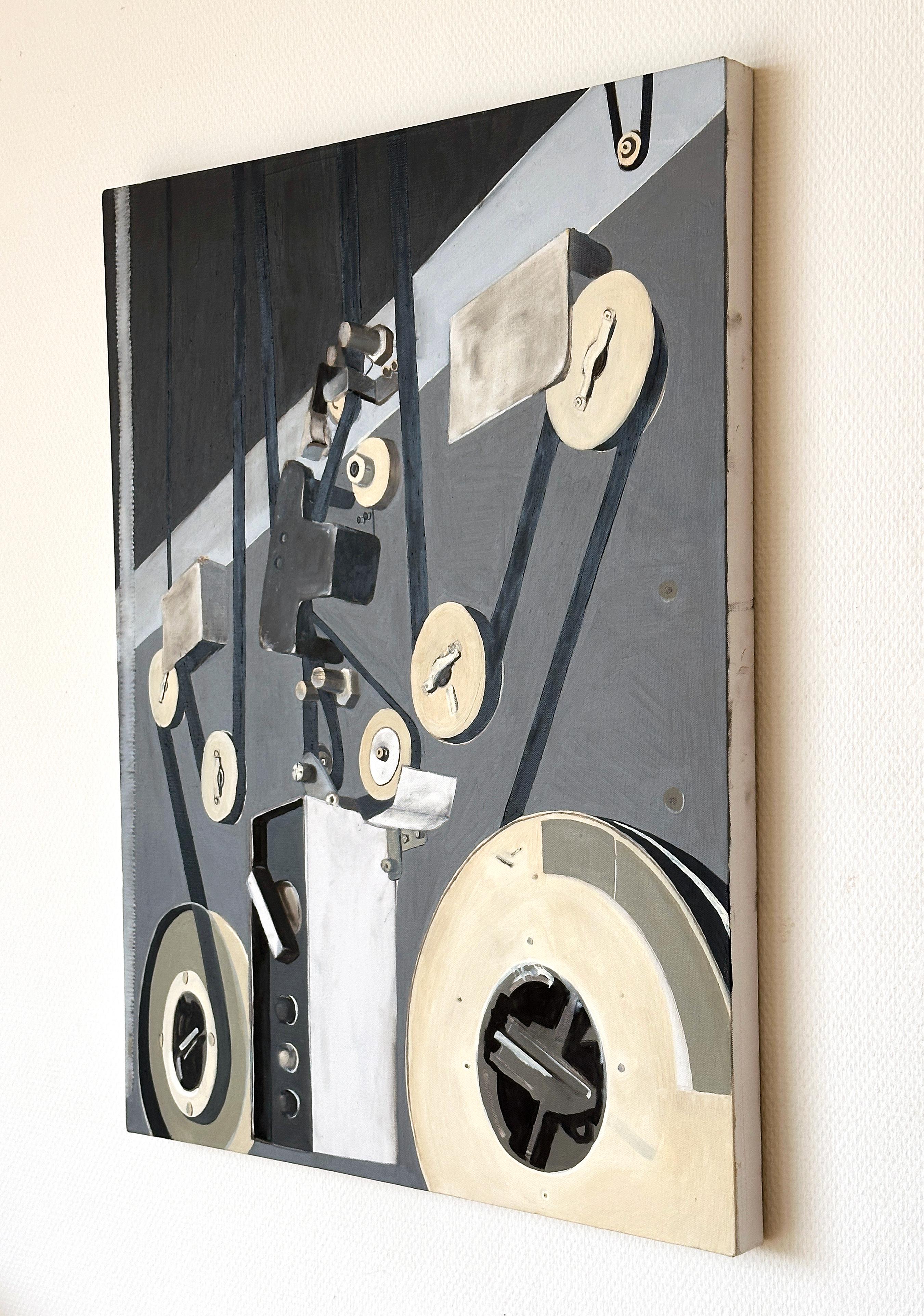 A painting by Amanda Andersen from a larger body of work created in the early 2010s which explored vintage technologies and materials including VHS cassette tape, reel-to-reel tape machines and other retro devices. 
This painting titled “Reels” was
