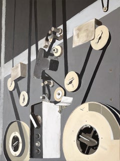 "Reels" acrylic on canvas Dark Academia retro tech reel to reel grey black white