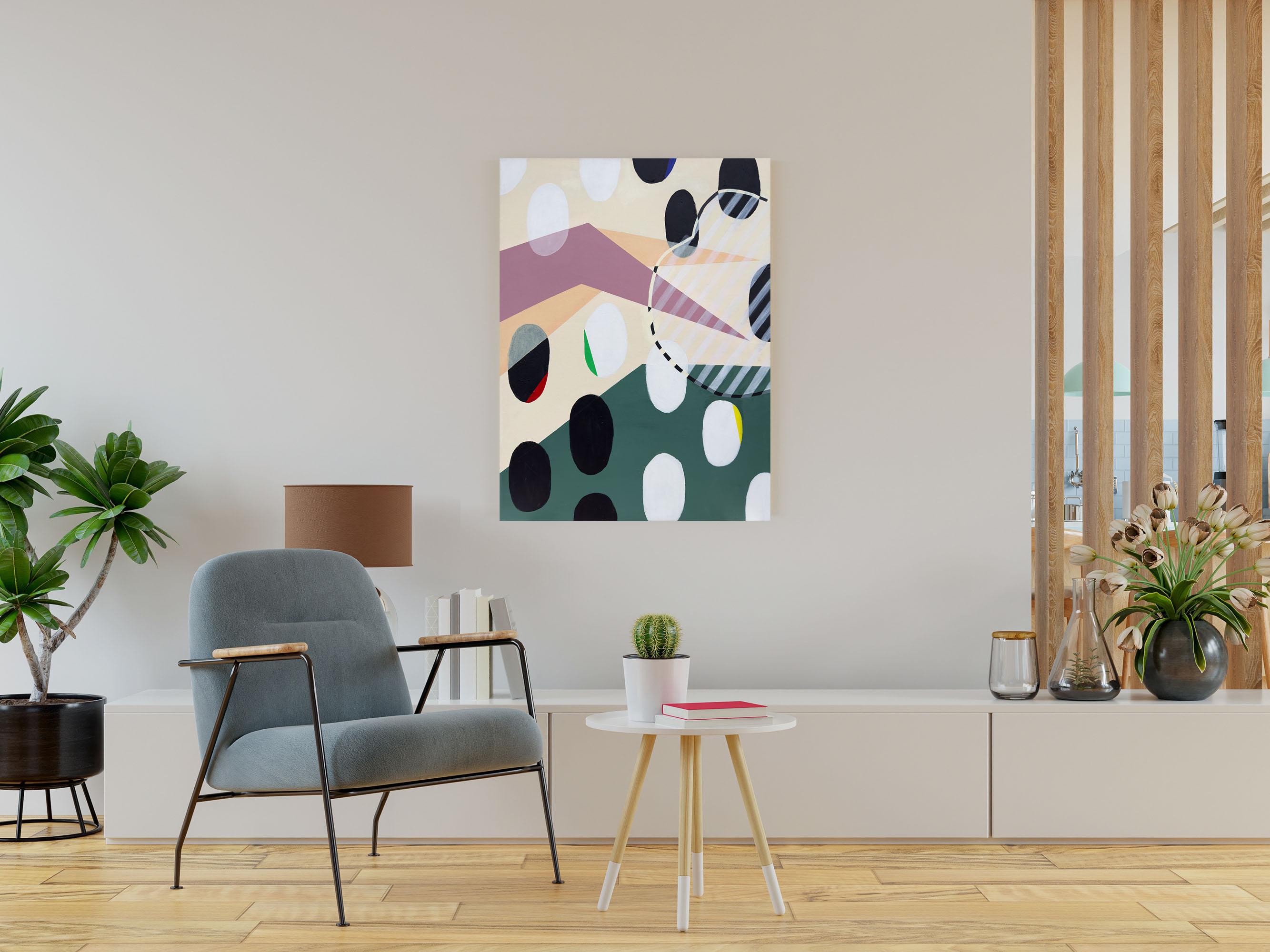 One from a series of two abstract paintings made in 2022 by Amanda Andersen. These artworks began with the idea of a mountain range simplified into large layered shapes, a disoriented horizon line touched by wind and weather patterns. This piece has