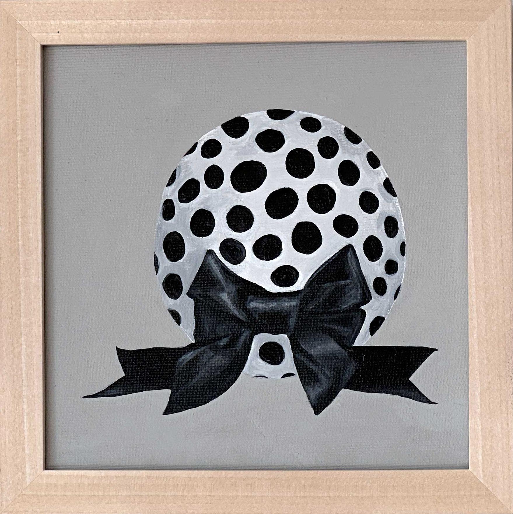 Amanda Andersen Abstract Painting - "Surprise Ball" Acrylic Painting on canvas minimal black & bow festive gift dots