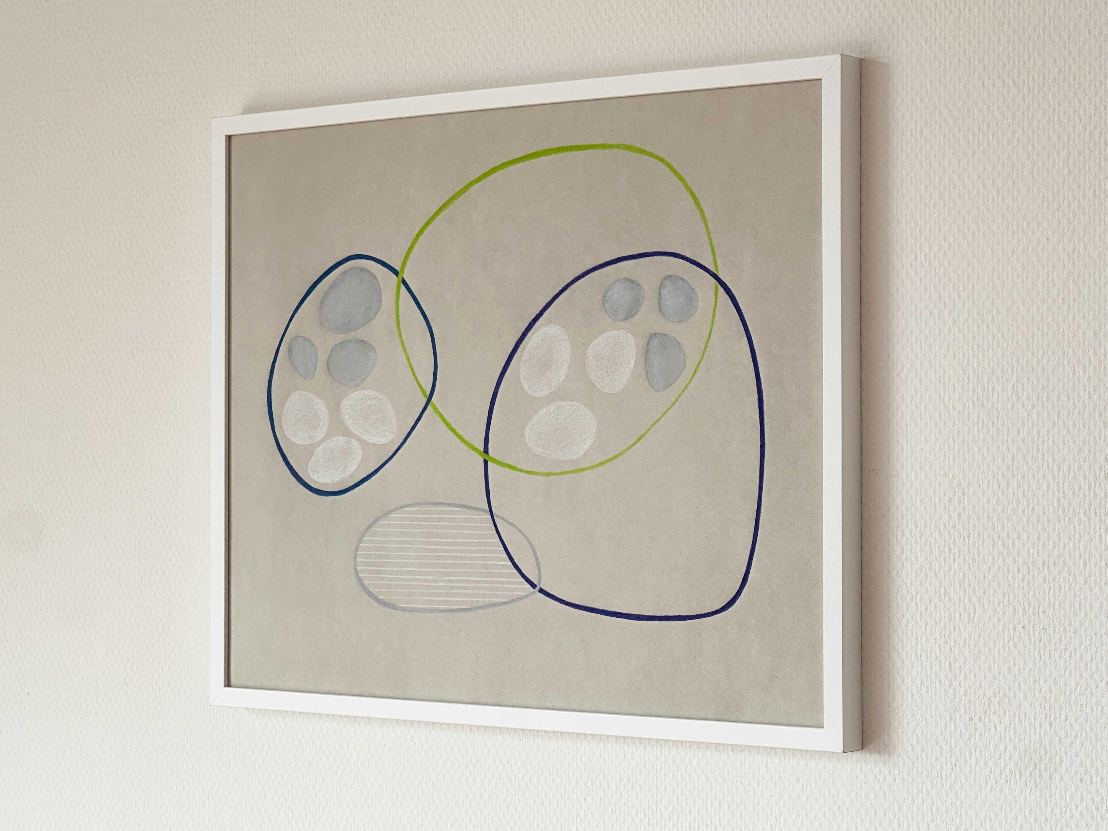 Venn Diagram Drawing on Paper Color Pencil blue Wabi-Sabi assymettric shapes - Beige Abstract Drawing by Amanda Andersen