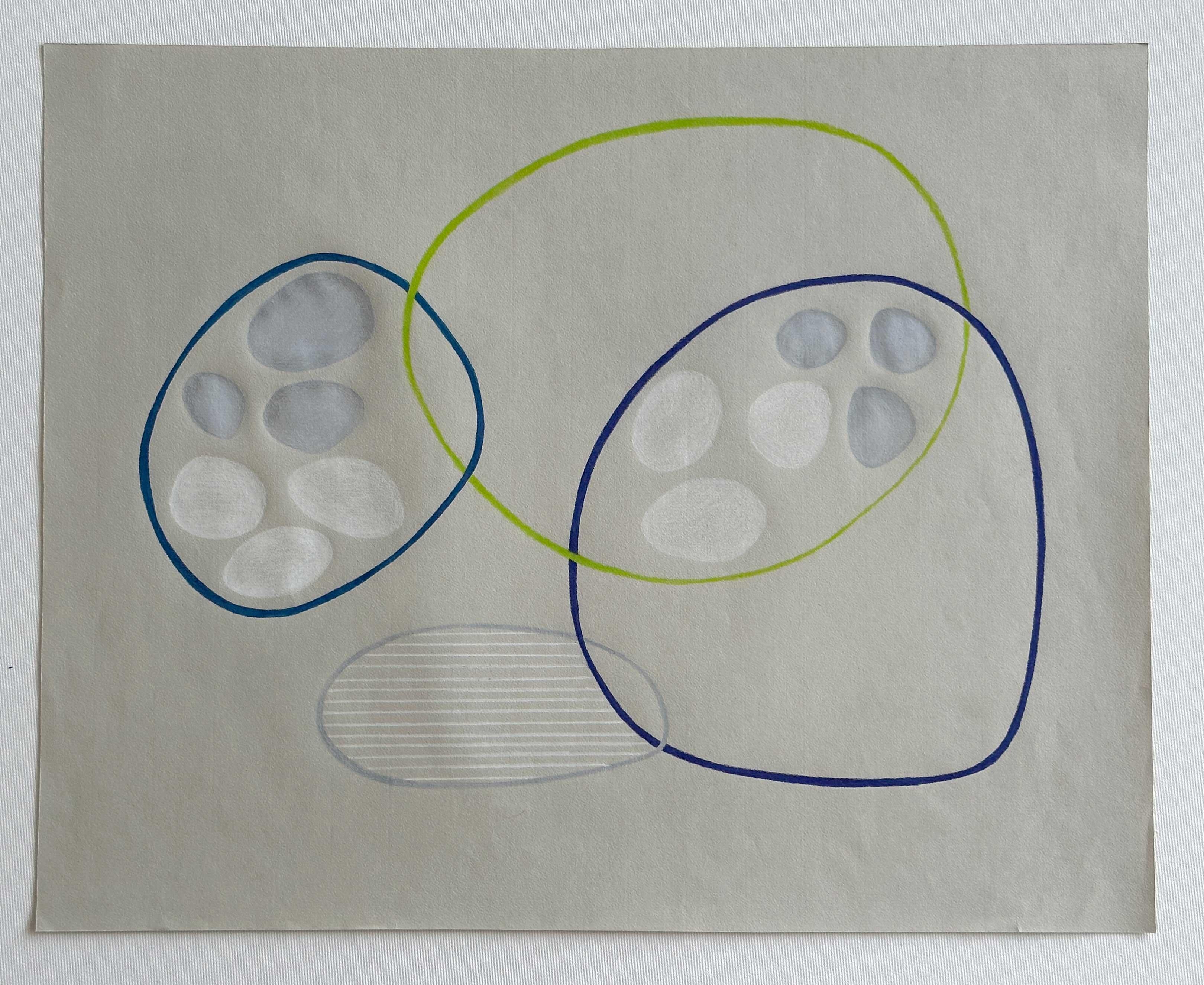 This colored pencil drawing on delicate light-grey colored paper was made in 2023 by Amanda Andersen. 
Large asymmetrical forms typical in the artists work, connect a group of shapes in the piece– similar to a collection of stones wrapped by circles