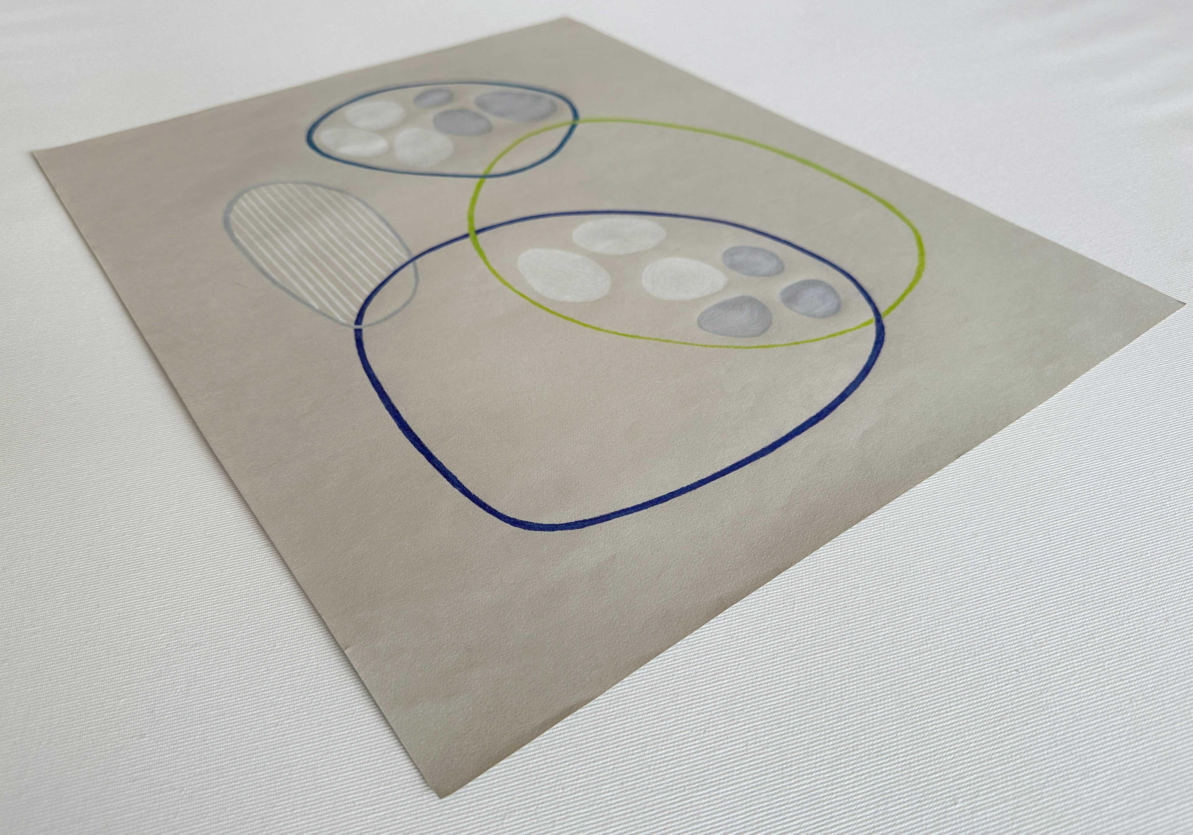 Venn Diagram Drawing on Paper Color Pencil blue Wabi-Sabi assymettric shapes For Sale 1