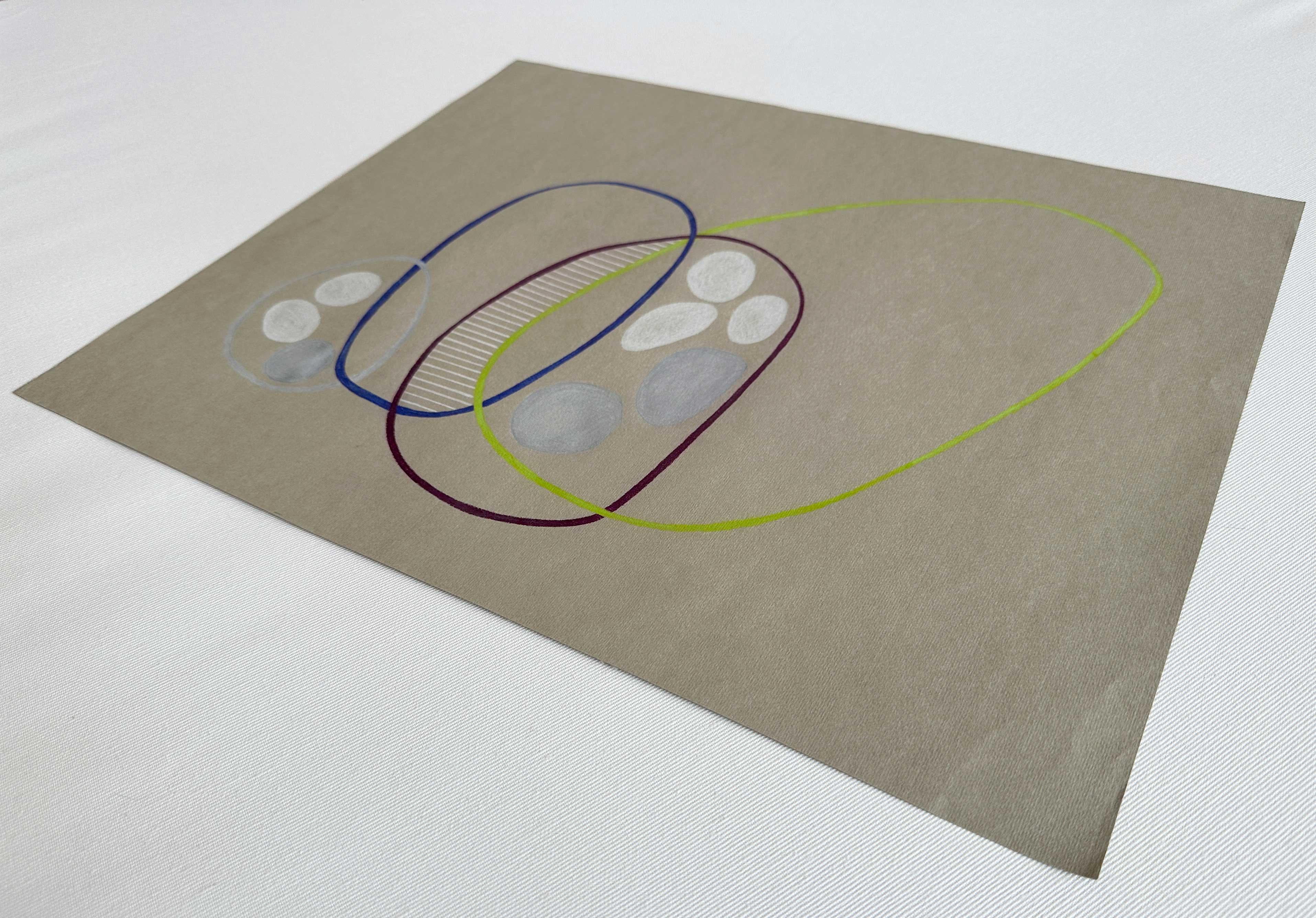 This colored pencil drawing on delicate dark-grey colored paper was made in 2023 by Amanda Andersen. 
Large asymmetrical forms typical in the artists work, connect a group of shapes in the piece– similar to a collection of stones wrapped by circles