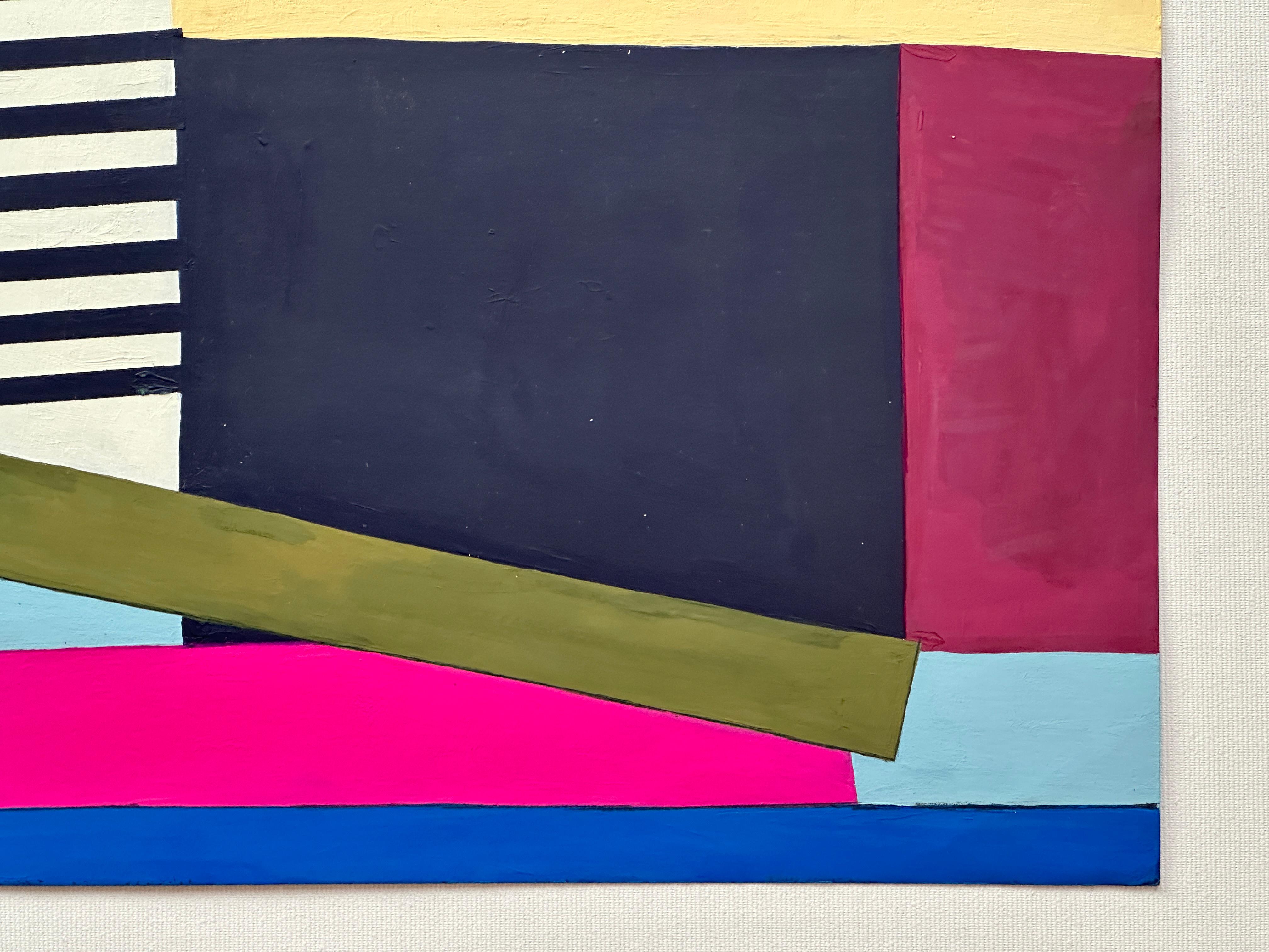 Fait partie d'une série de trois peintures abstraites réalisées en 2023 par Amanda Andersen, avec ses initiales au dos. 
Un ensemble de formes géométriques libres : rectangles, triangles et cercles dialoguent les uns avec les autres dans un langage