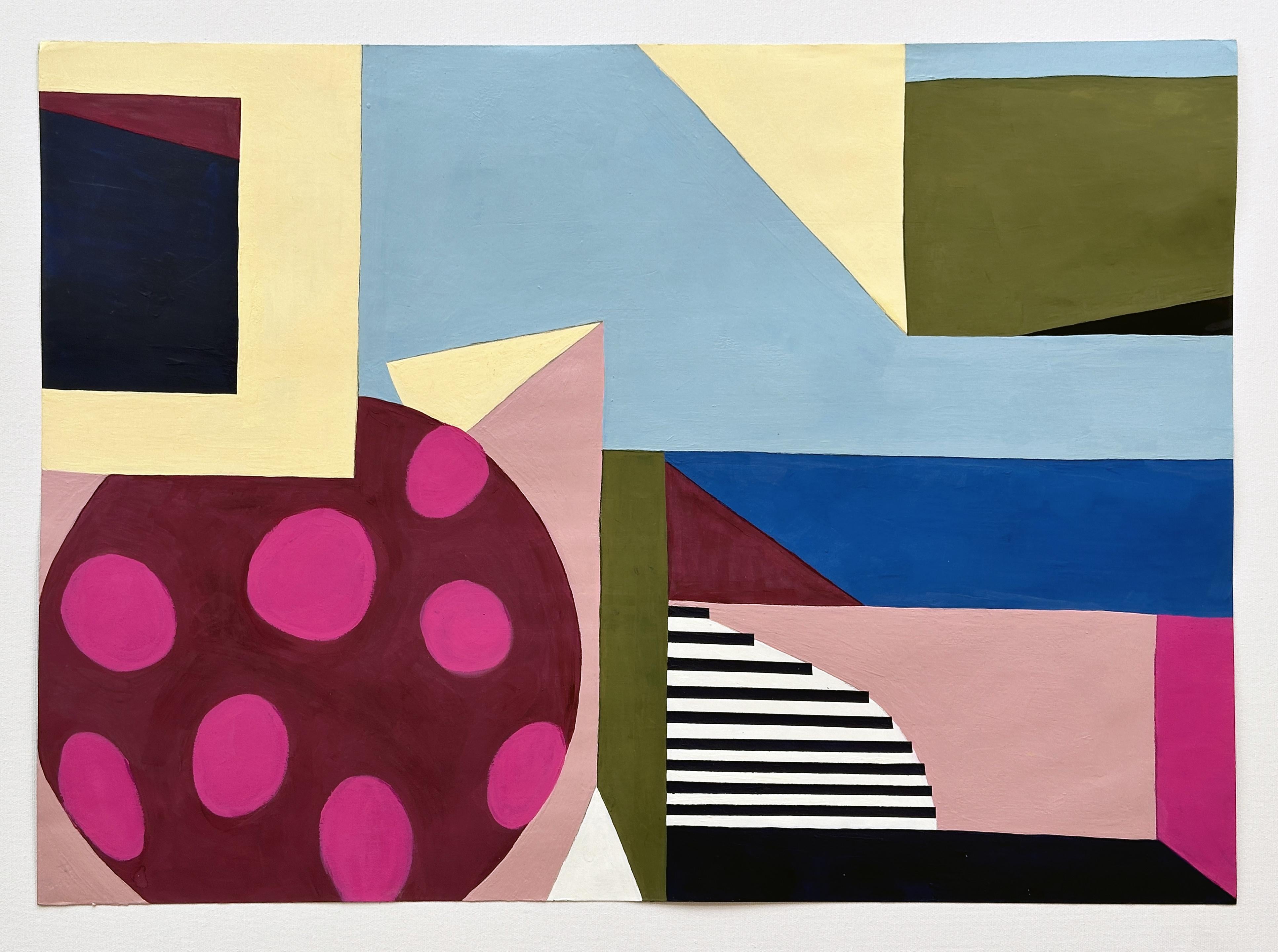 One in a series of three abstract paintings made in 2023 by Amanda Andersen, initialed on the back. 
An array of loose geometric shapes: rectangles, triangles and circles converse with one another in a vibrant language of form and color. Bold lines