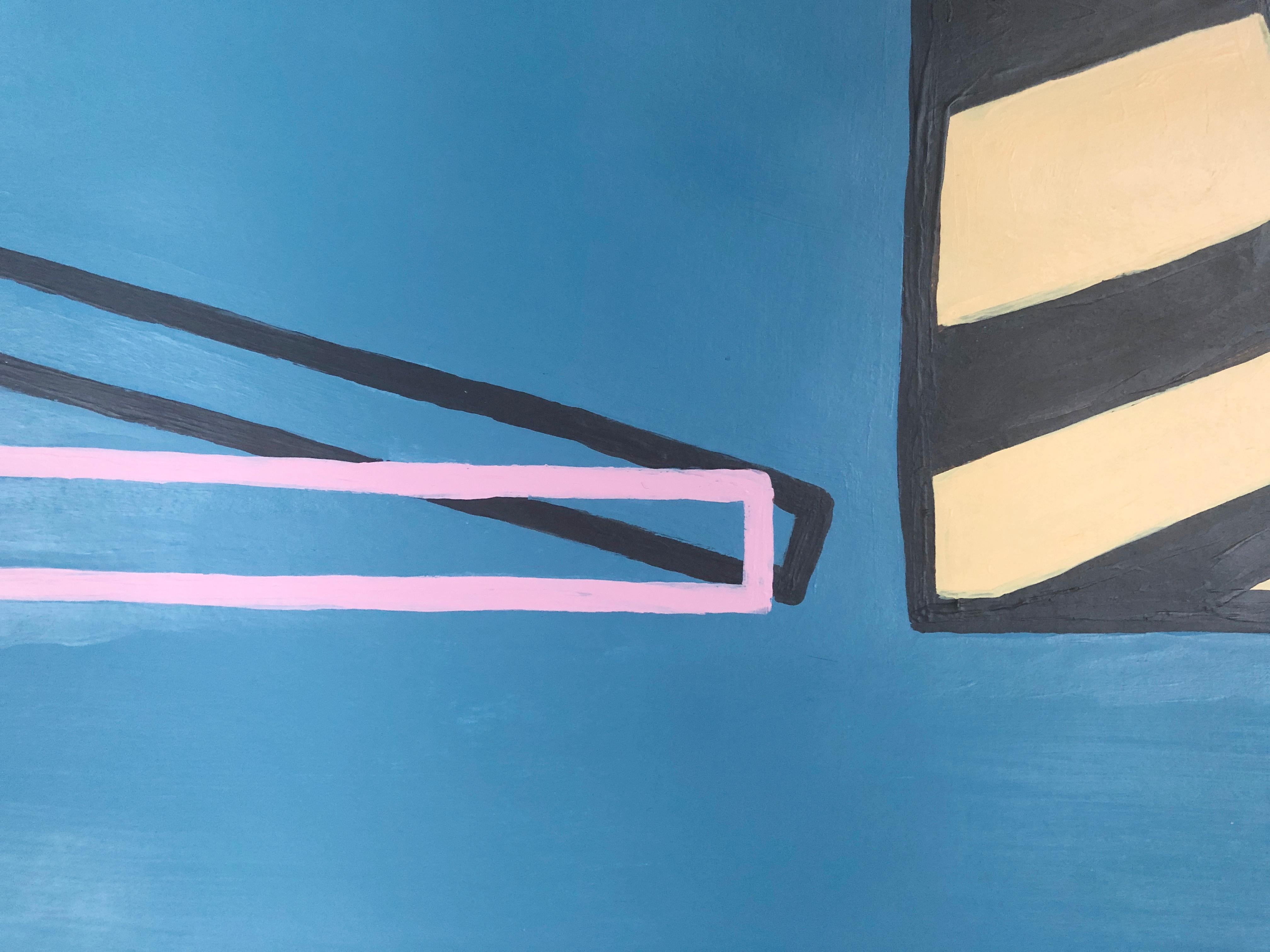 Geometric abstract painting made in 2020 by Amanda Andersen, initialed on the back. This piece is from a body of work inspired by ordinary object arrangements such as table-top still lives. The objects were simplified drastically into outlines,