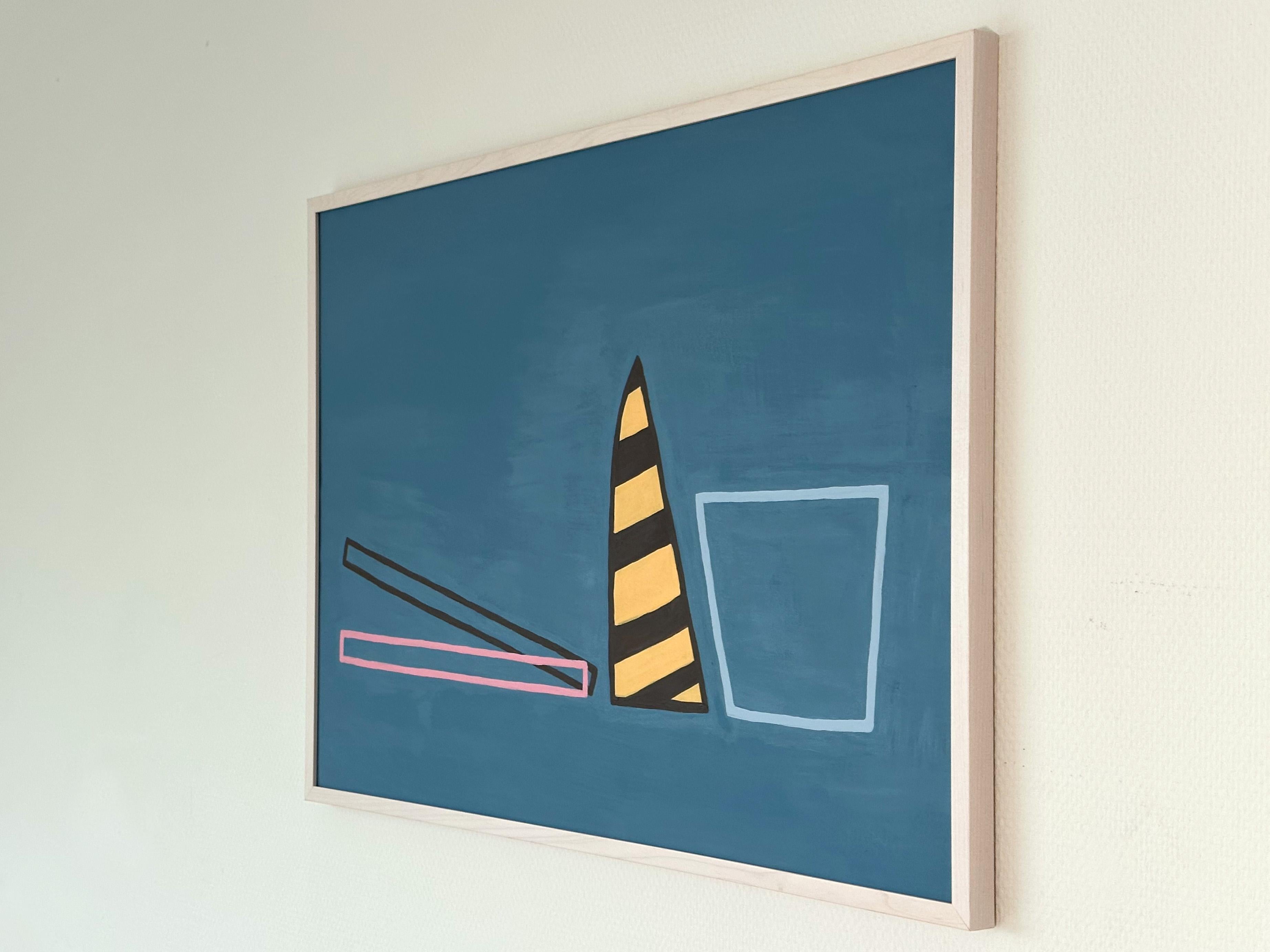 „Wireframe Blue Cone“ Minimales abstraktes Gemälde auf Papier, blaue Stillleben-Linie (Blau), Abstract Drawing, von Amanda Andersen