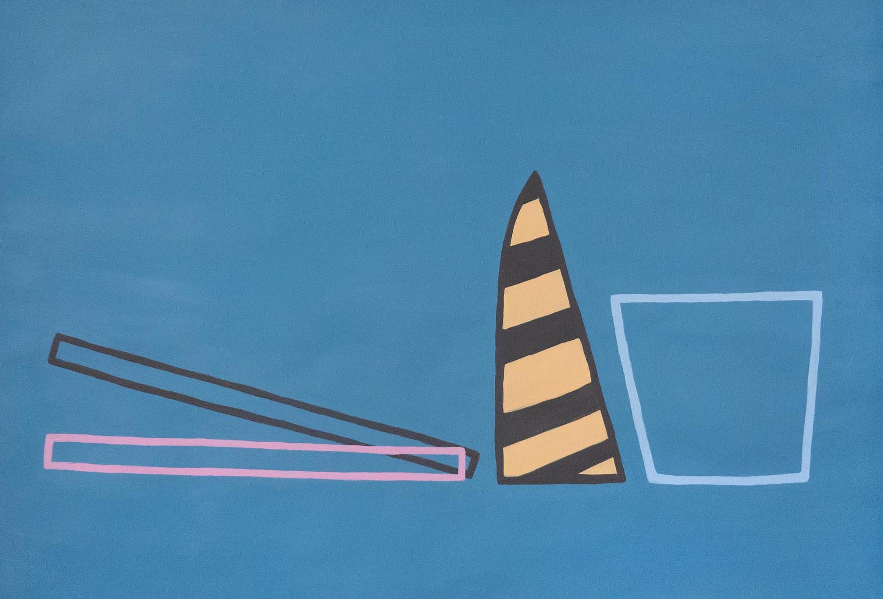 Amanda Andersen Abstract Drawing - "Wireframe Blue Cone" Minimal Abstract Painting on Paper, Blue Still Life Line