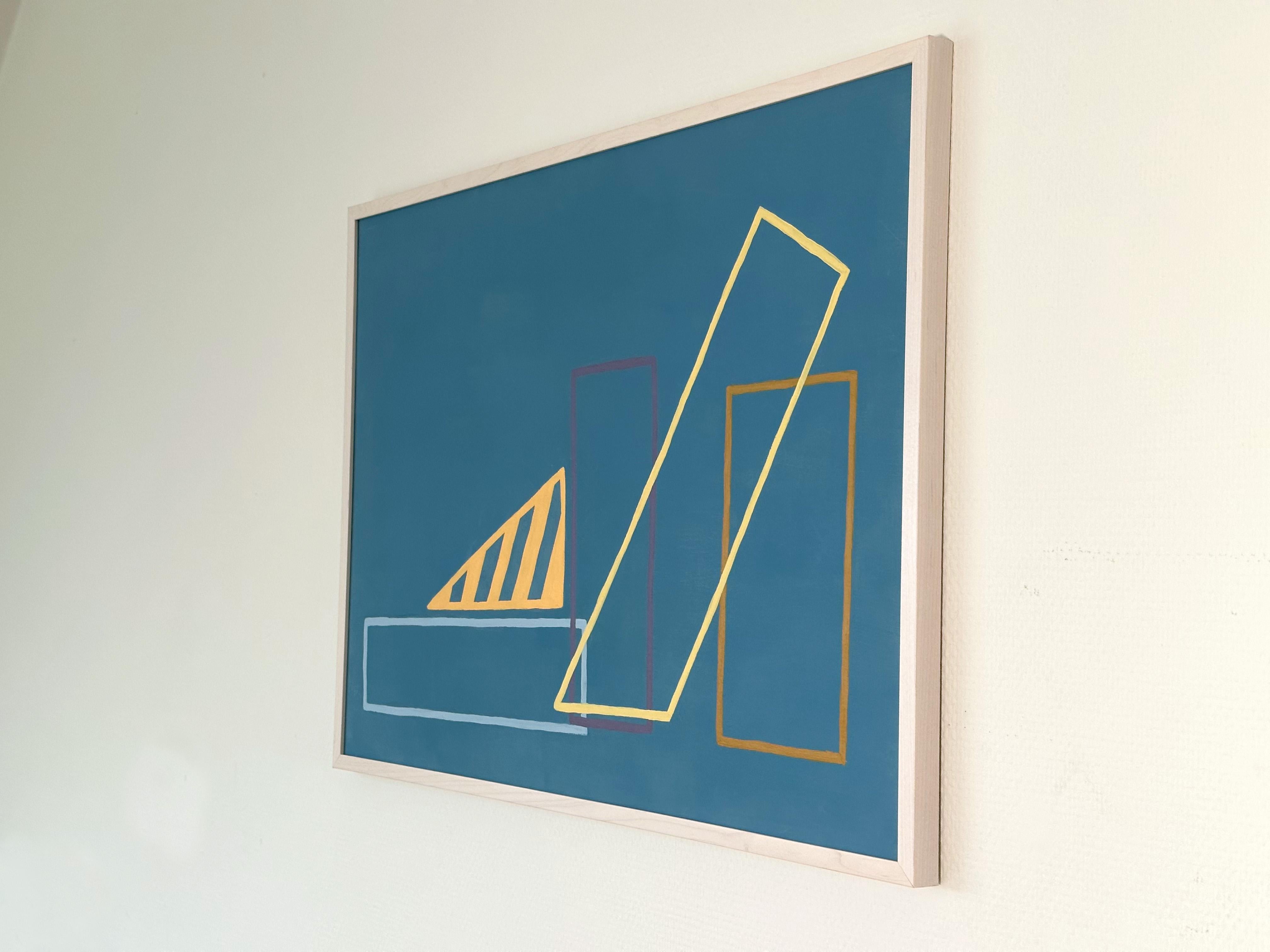 Geometrisches abstraktes Gemälde von Amanda Andersen aus dem Jahr 2020, mit Initialen auf der Rückseite. Dieses Werk gehört zu einer Reihe von Arbeiten, die von gewöhnlichen Objektarrangements wie Tischstillleben inspiriert sind. Die Objekte wurden
