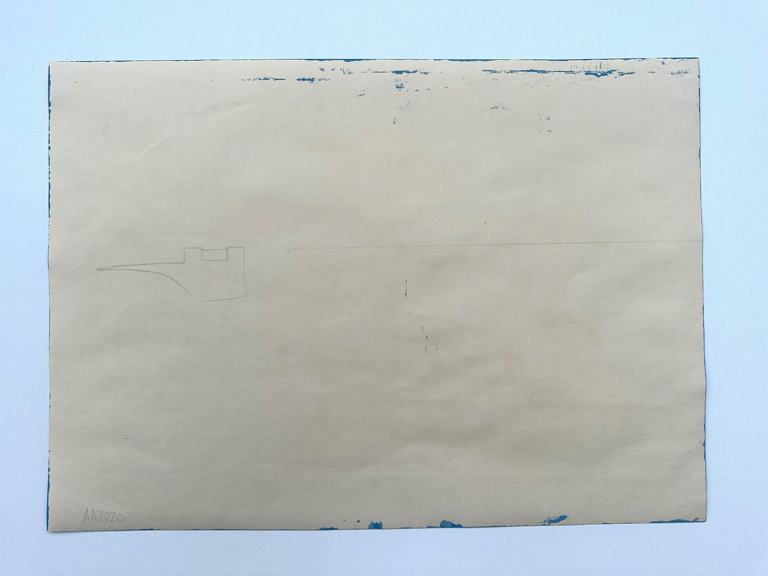 Abstraktes Gemälde „Blauer Stack“ auf Papier, minimalistische Umrisse, Stillleben-Geometrie  im Angebot 4