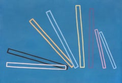 Cadre en fil métallique - peinture abstraite sur papier, bleu, orange, jaune, dominos