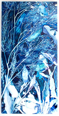 Bodegón Contemporáneo Figurativo Flora Cianotipo Azul Acuático Pintura al Óleo