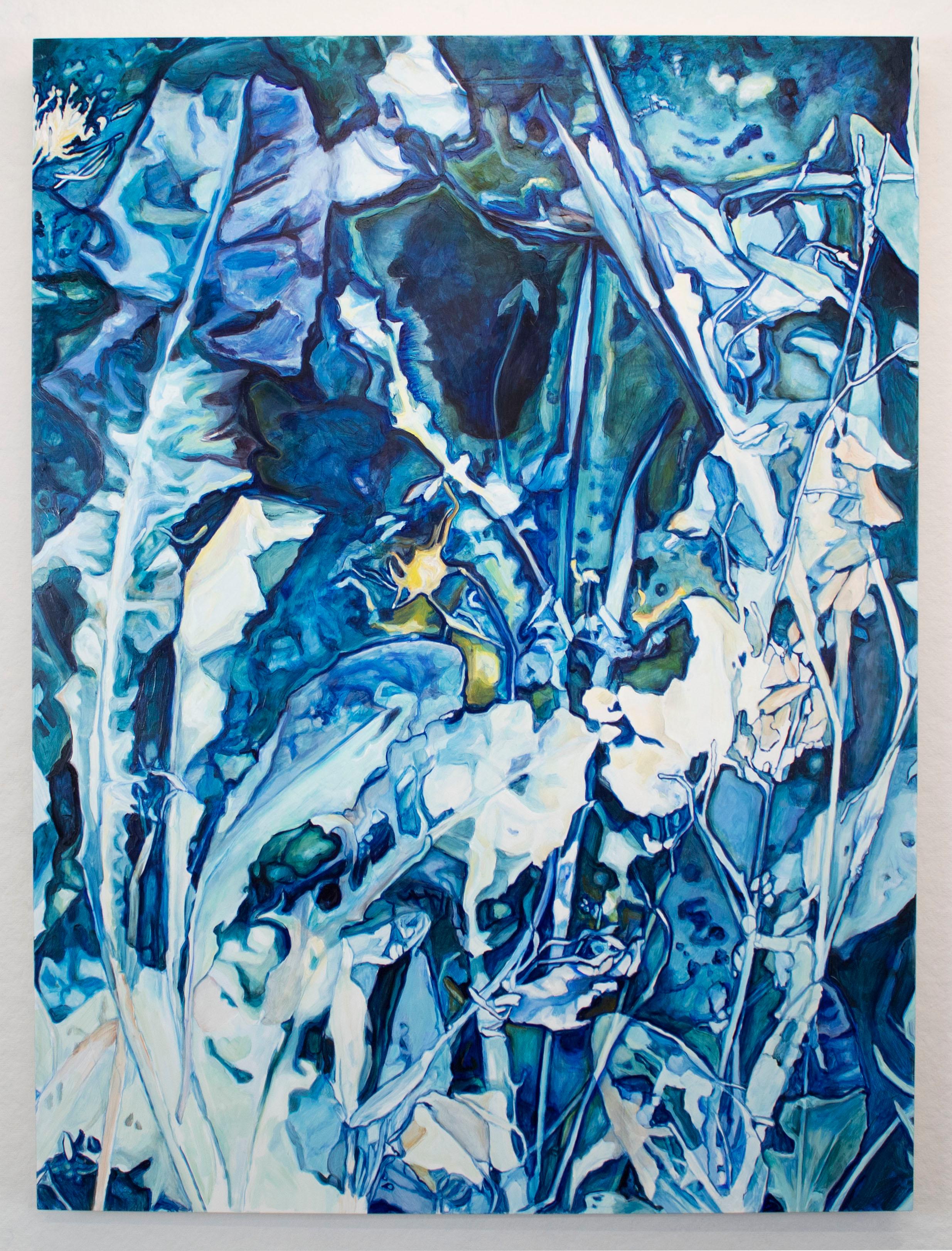 Diptyque inspiré du cyanotype, composé de plantes bleues et blanches luxuriantes, entrecoupées de brins de jaune. Electric Daydream, Diptyque (2022) par Amanda Besl. Huile sur planche.