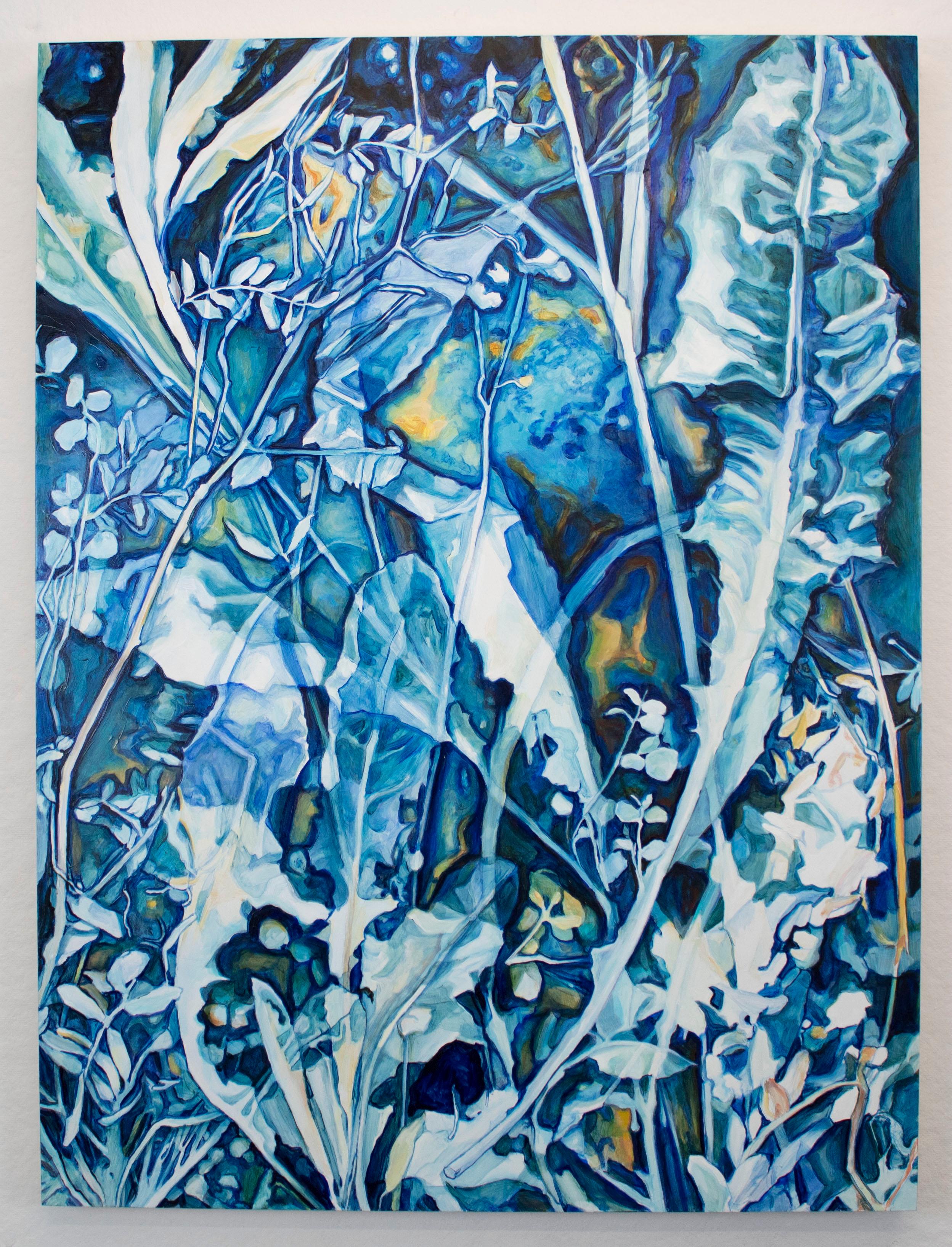 Díptico inspirado en la cianotipia de exuberantes botánicos azules y blancos entremezclados con susurros de amarillo. Sueño Eléctrico, Díptico (2022) de Amanda Besl. Óleo sobre tabla.