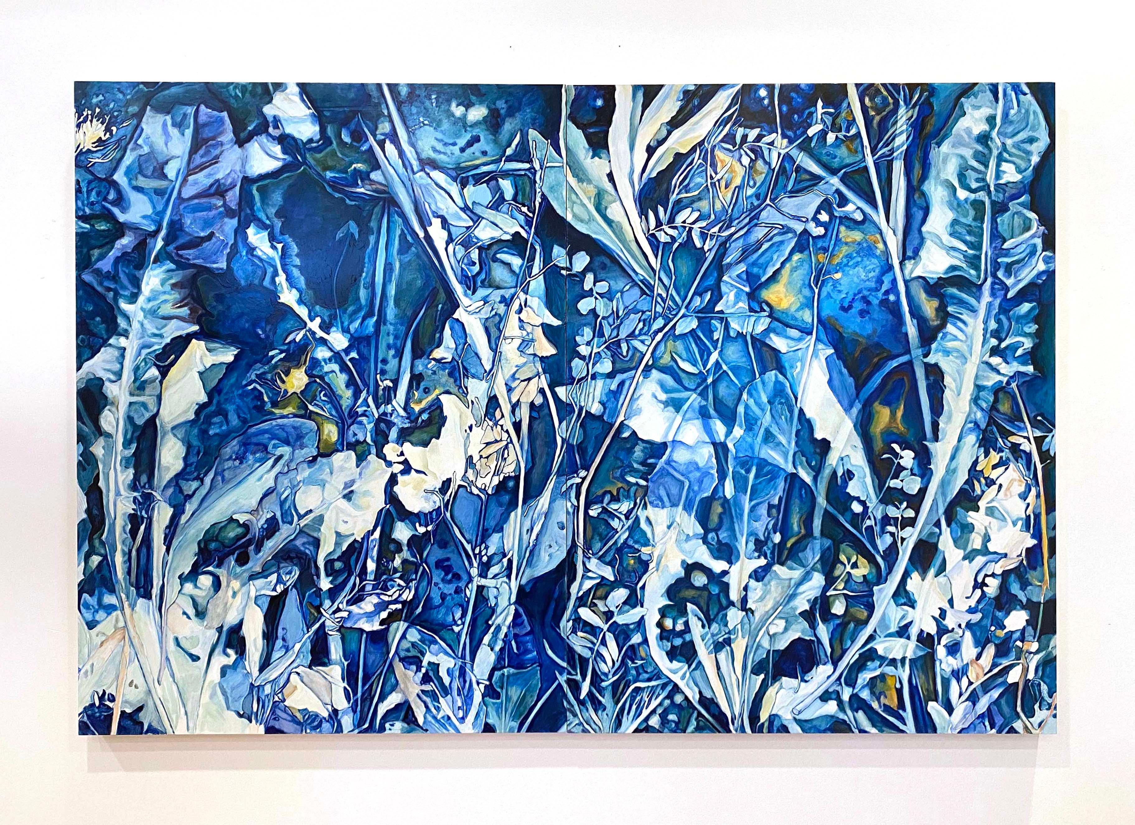 Still-Life Painting Amanda Besl - Contemporary Figurative Still Life Flora Cyanotype Blue Diptych Oil Painting