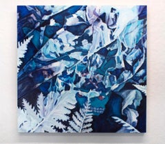 Contemporary Figurative Still Life Flora Cyanotype Blue Square Oil Painting