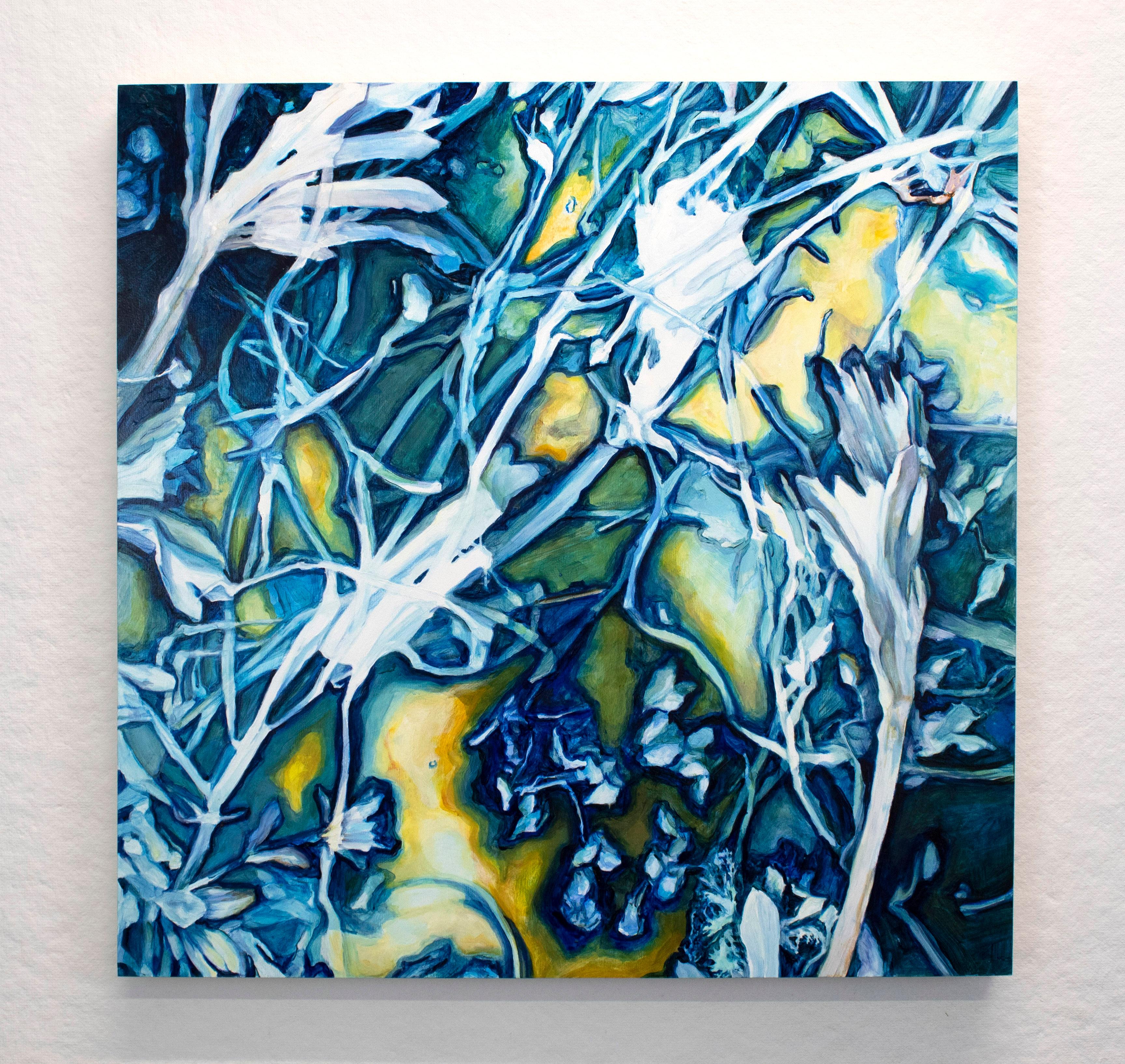 Amanda Besl Figurative Painting – Contemporary Figurative Still Life Flora Cyanotype Blue Square Oil Painting