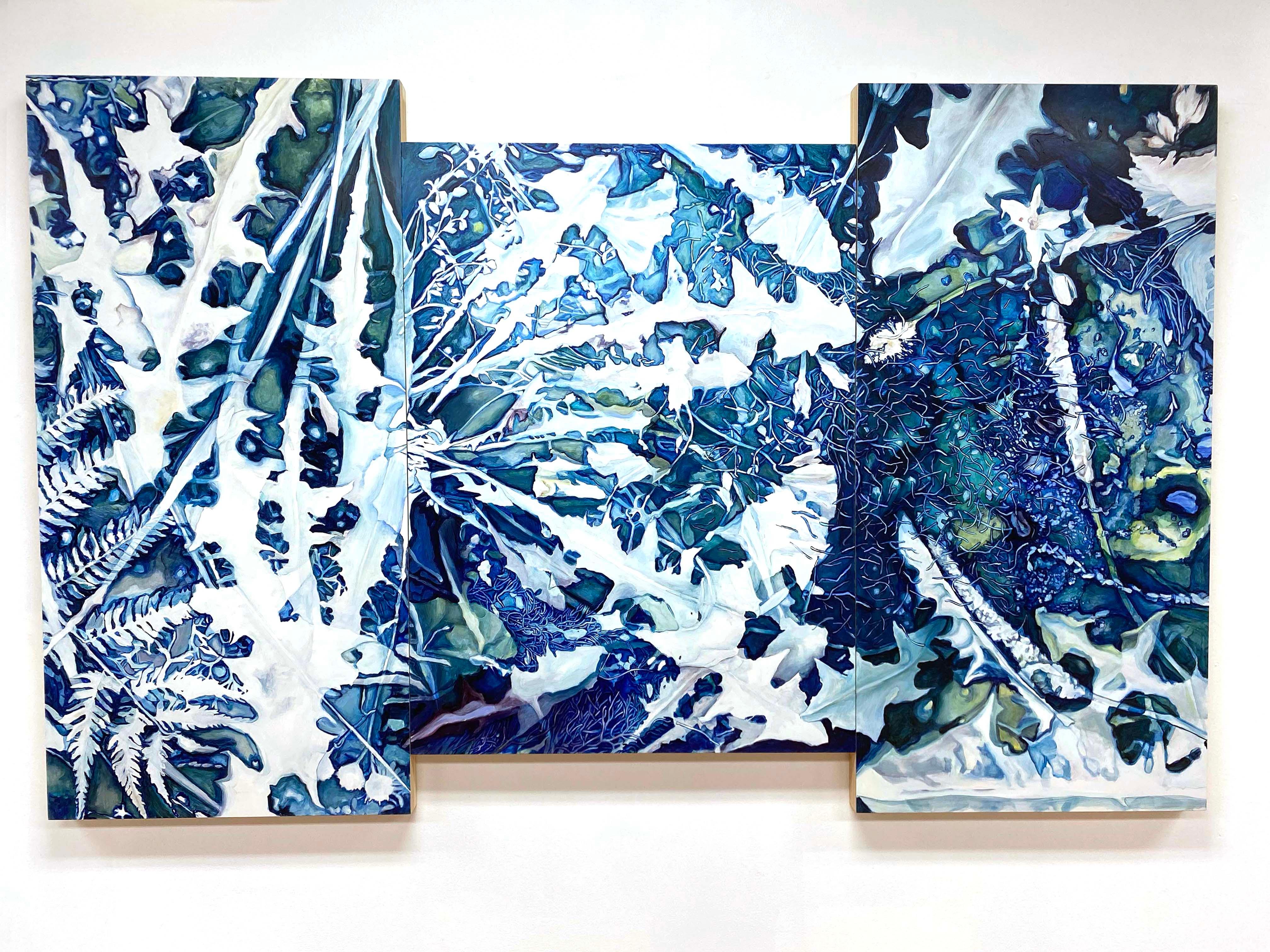 Amanda Besl Figurative Painting - Contemporary Figurative Still Life Flora Cyanotype Blue Triptych Oil Painting