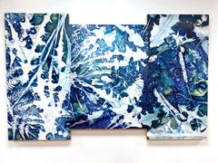 Contemporary Figurative Still Life Flora Cyanotype Blue Triptych Oil Painting