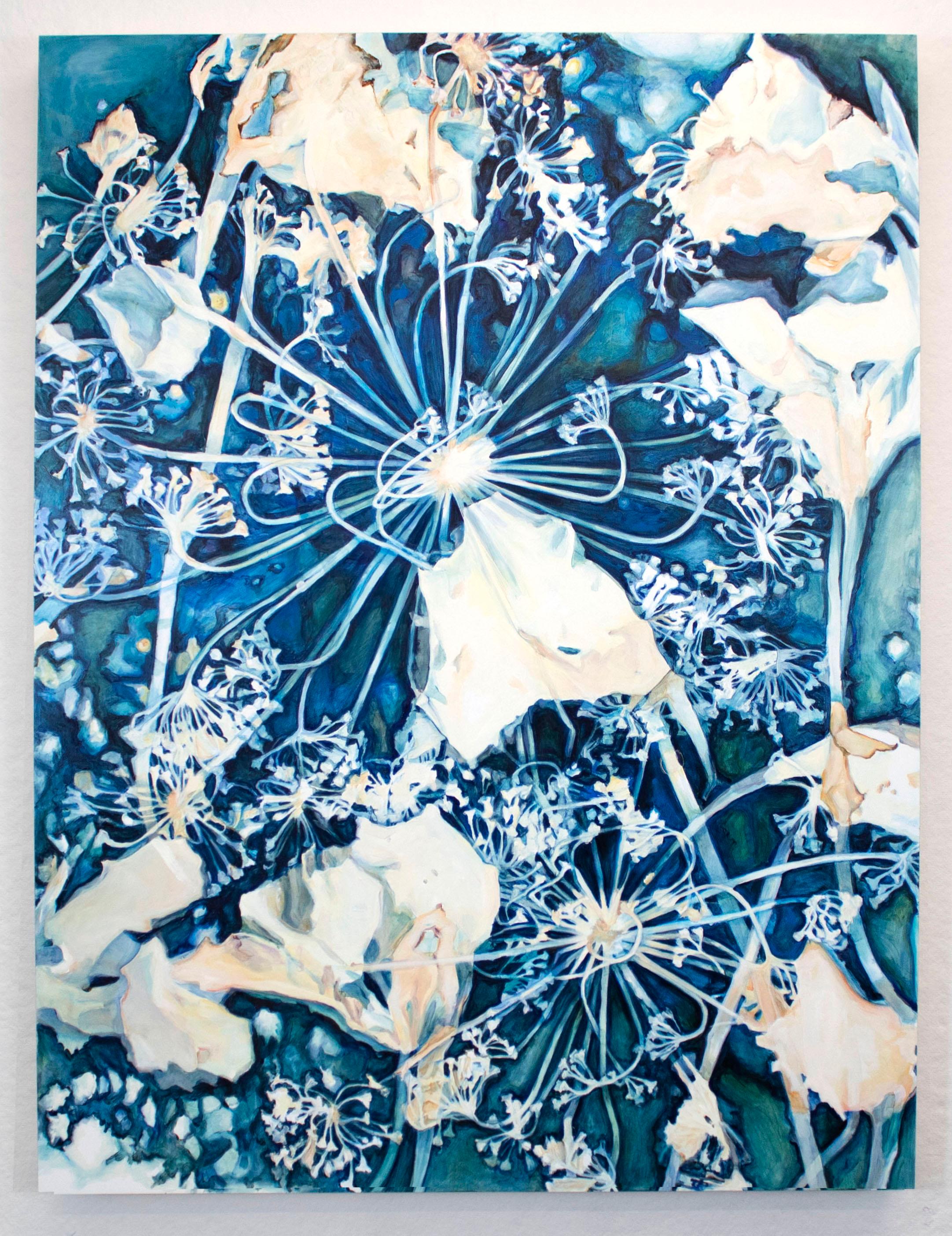 Amanda Besl Figurative Painting - Contemporary Figurative Still Life Flora Cyanotype Blue White Oil Painting