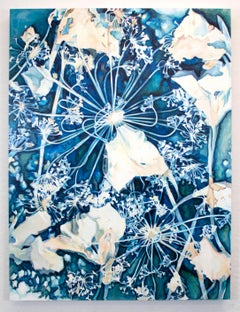 Contemporary Figurative Still Life Flora Cyanotype Blue White Oil Painting
