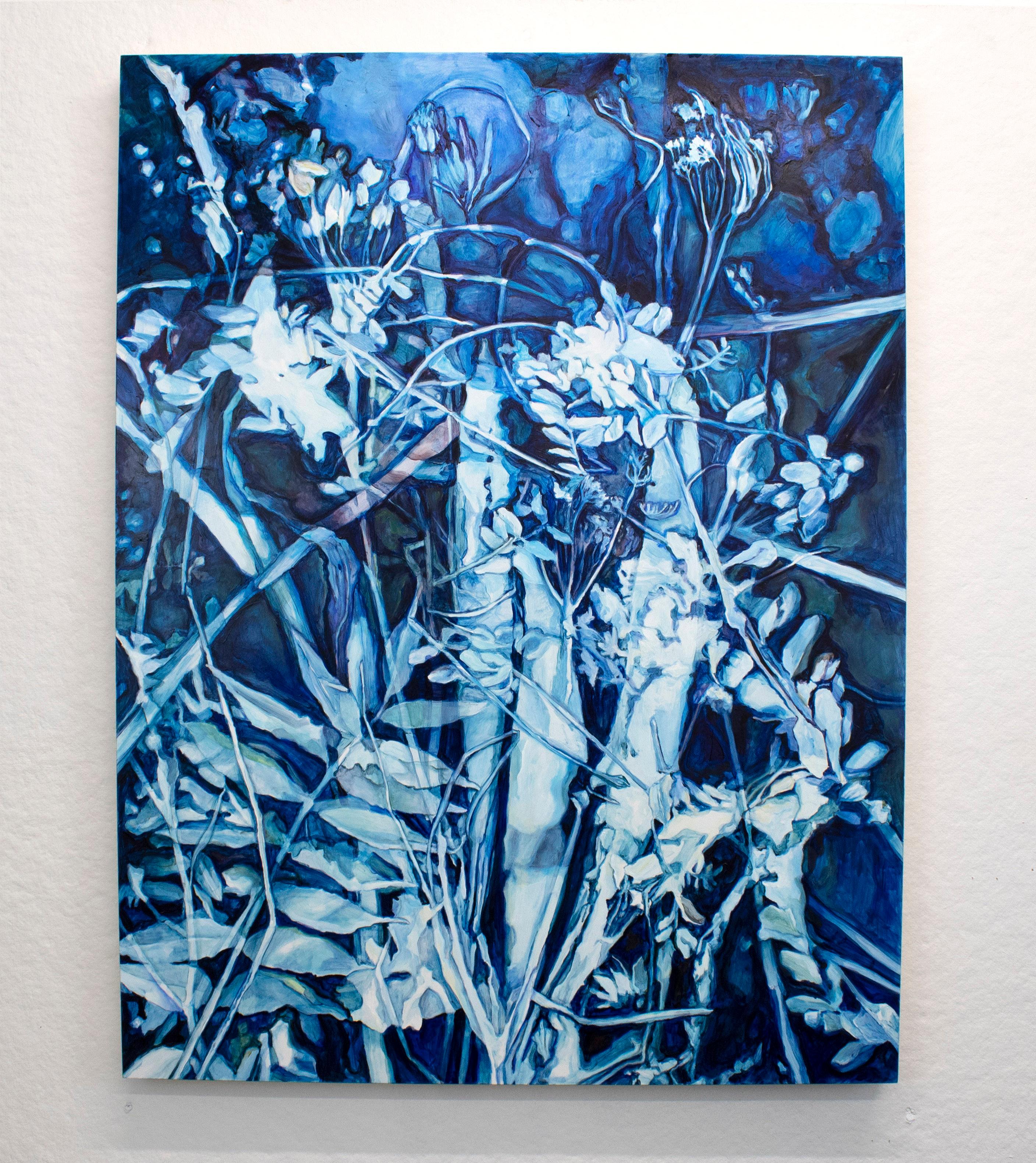 Still-Life Painting Amanda Besl - Contemporary Figurative Still Life Flora Cyanotype Blue White Oil Painting