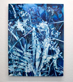 Contemporary Figurative Still Life Flora Cyanotype Blue White Oil Painting