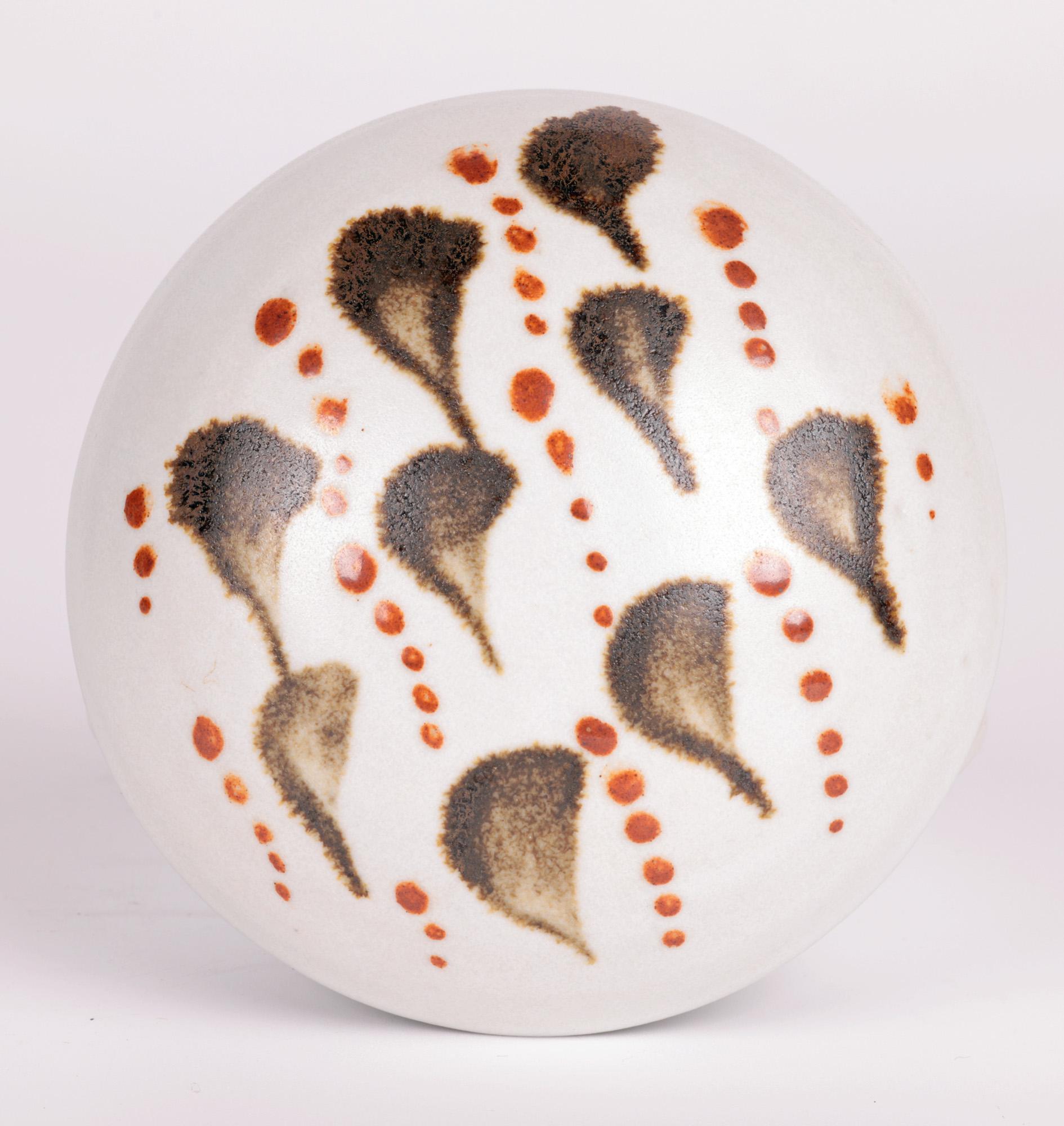 Glazed Amanda Brier Leach Pottery Porcelain Lidded Box with Stylized Leaf Patterning  For Sale