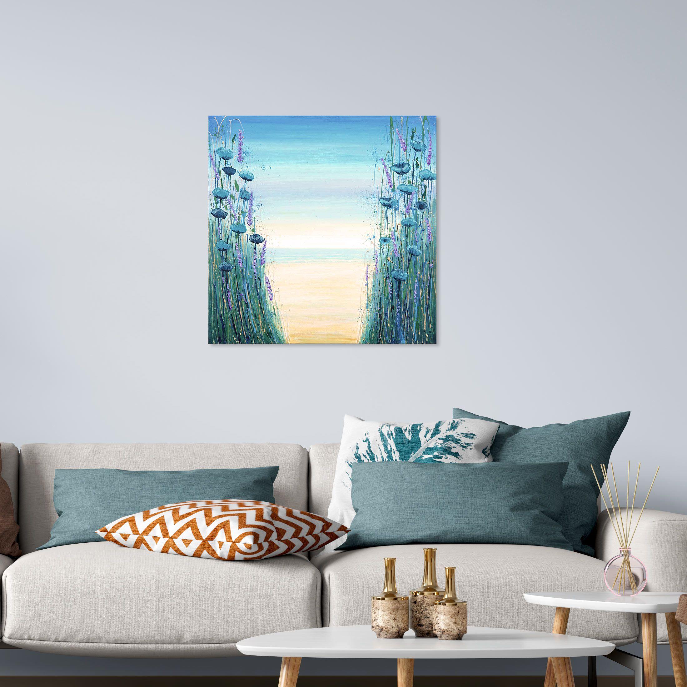 Erleben Sie die Schönheit der Natur mit Beach Flowers, einem atemberaubenden Originalgemälde im Meer, das Sie in eine ruhige Küstenlandschaft entführt. Dieses 24 Ã- 24 Ã- 1,5-Zoll-Kunstwerk zeigt eine tiefe taktile Textur und zarte Blumen, die einen