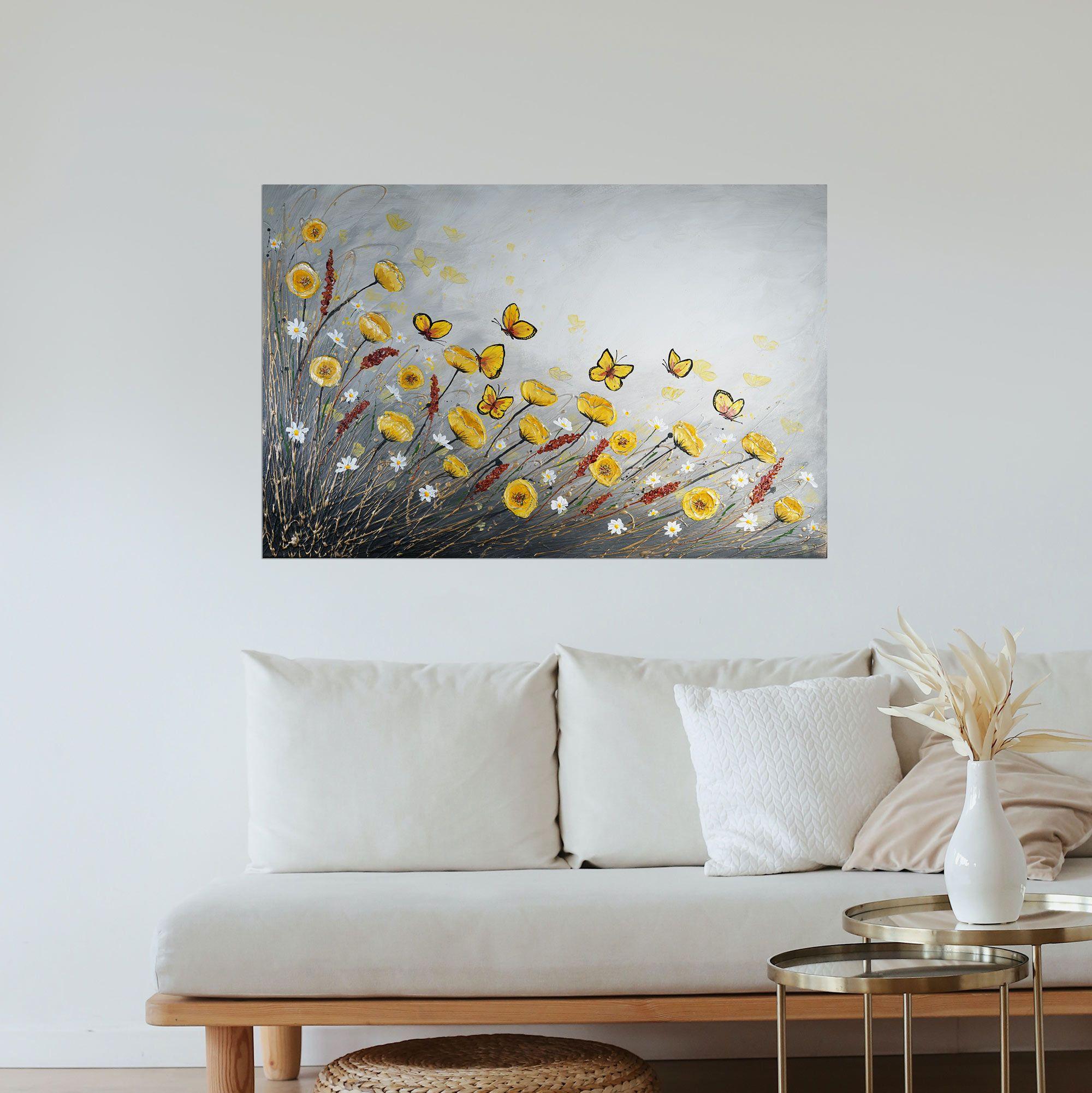 Mariposas danzantes en un campo de flores, Pintura, Acrílico sobre lienzo en venta 2