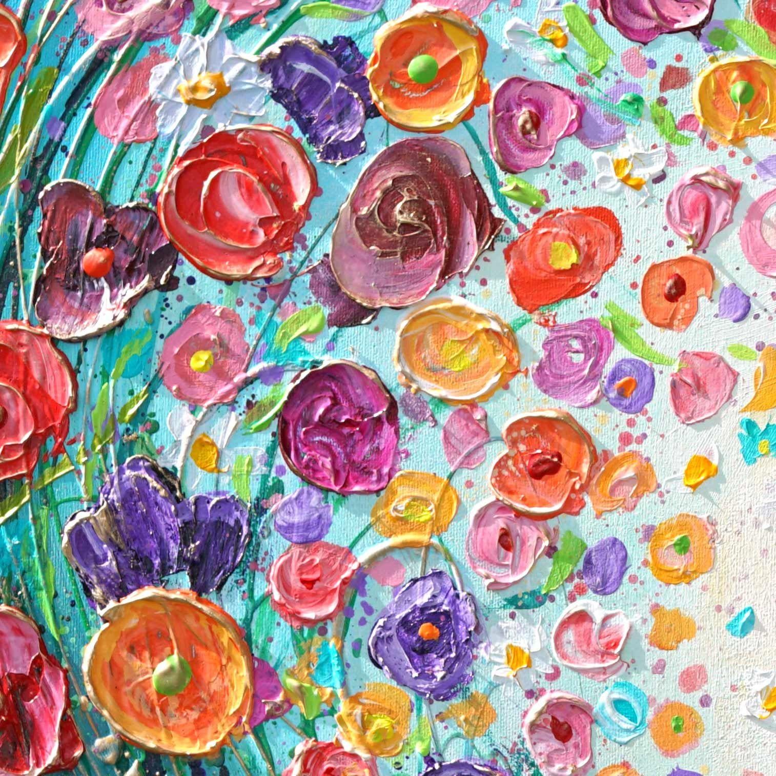 Pintura floral original. Expresiva pintura con textura de empaste sobre lienzo y lista para colgar de la caja a la pared. ¡Lleno de pintura espesa!      TAMAÑO: 48
