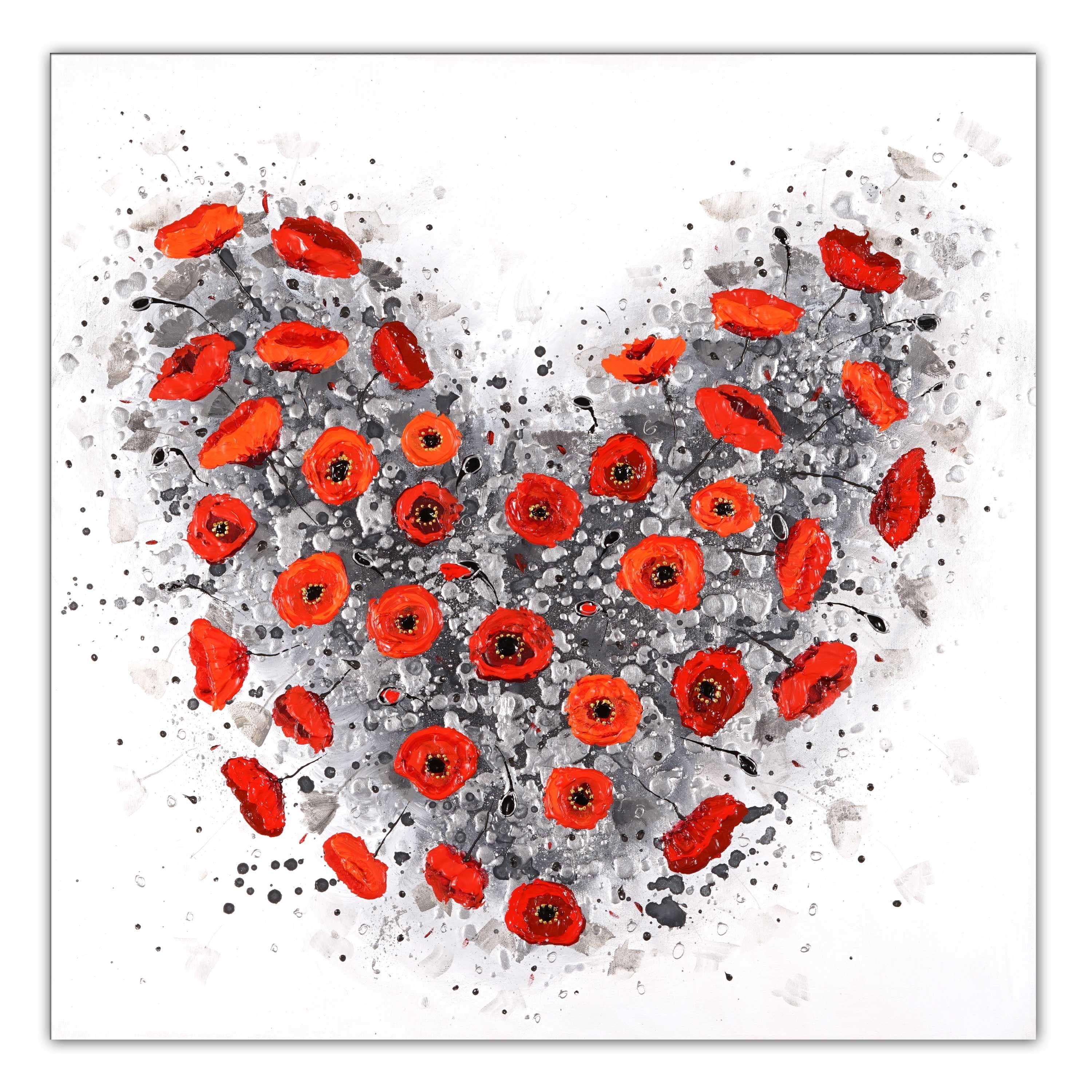 Original painting of a love heart with red poppy flowers. Perfect valentines gift. Full of thick texture.  24x24